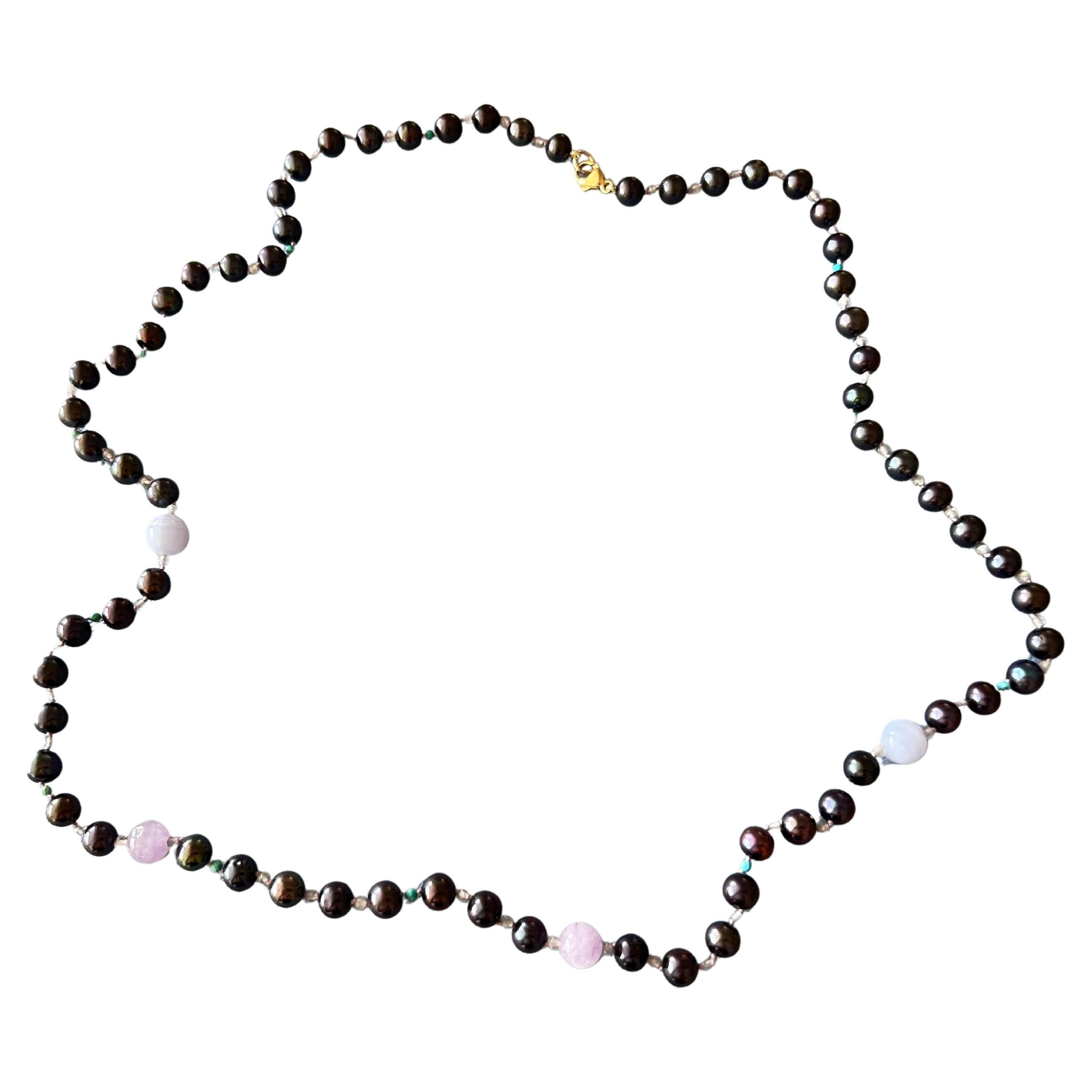Schwarze Perlenkette Amethyst Blaue Spitze Achat Labradorit Türkis Perlen (Romantik) im Angebot