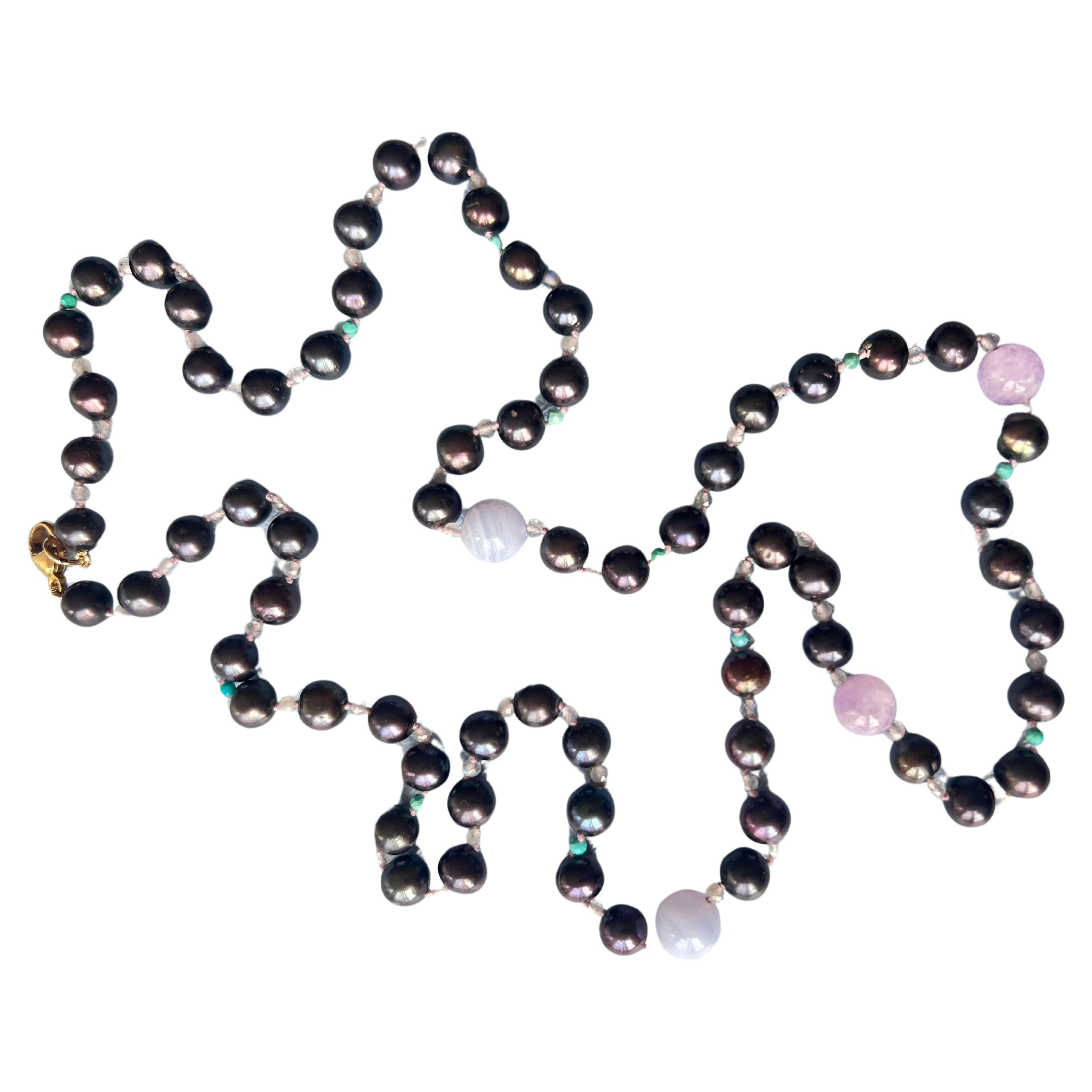 Modern Black Pearl Necklace Amethyst Labradorite For Sale
