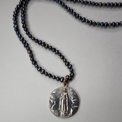 Black Pearl Necklace Choker Virgin Mary Medal Silver J Dauphin
