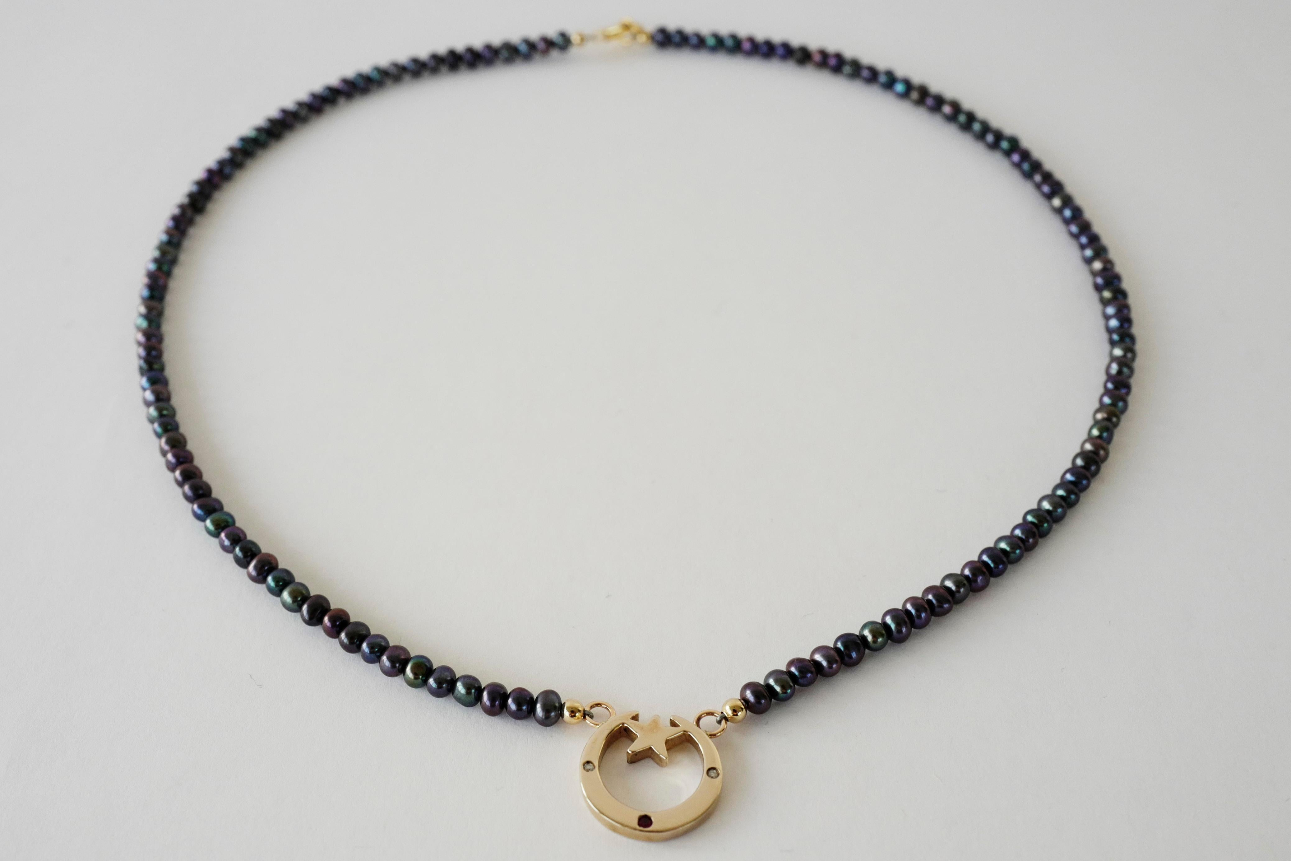 Crescent Moon Necklace Black Pearl White Diamond Ruby Dauphin In New Condition For Sale In Los Angeles, CA