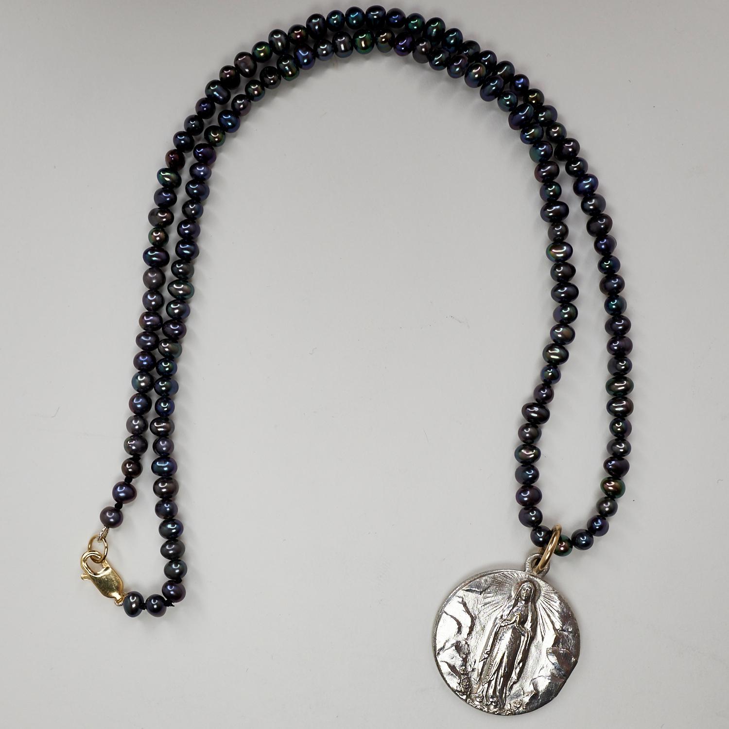 Black Pearl Necklace French Vintage Medal Pendant One of a Kind J Dauphin In New Condition In Los Angeles, CA