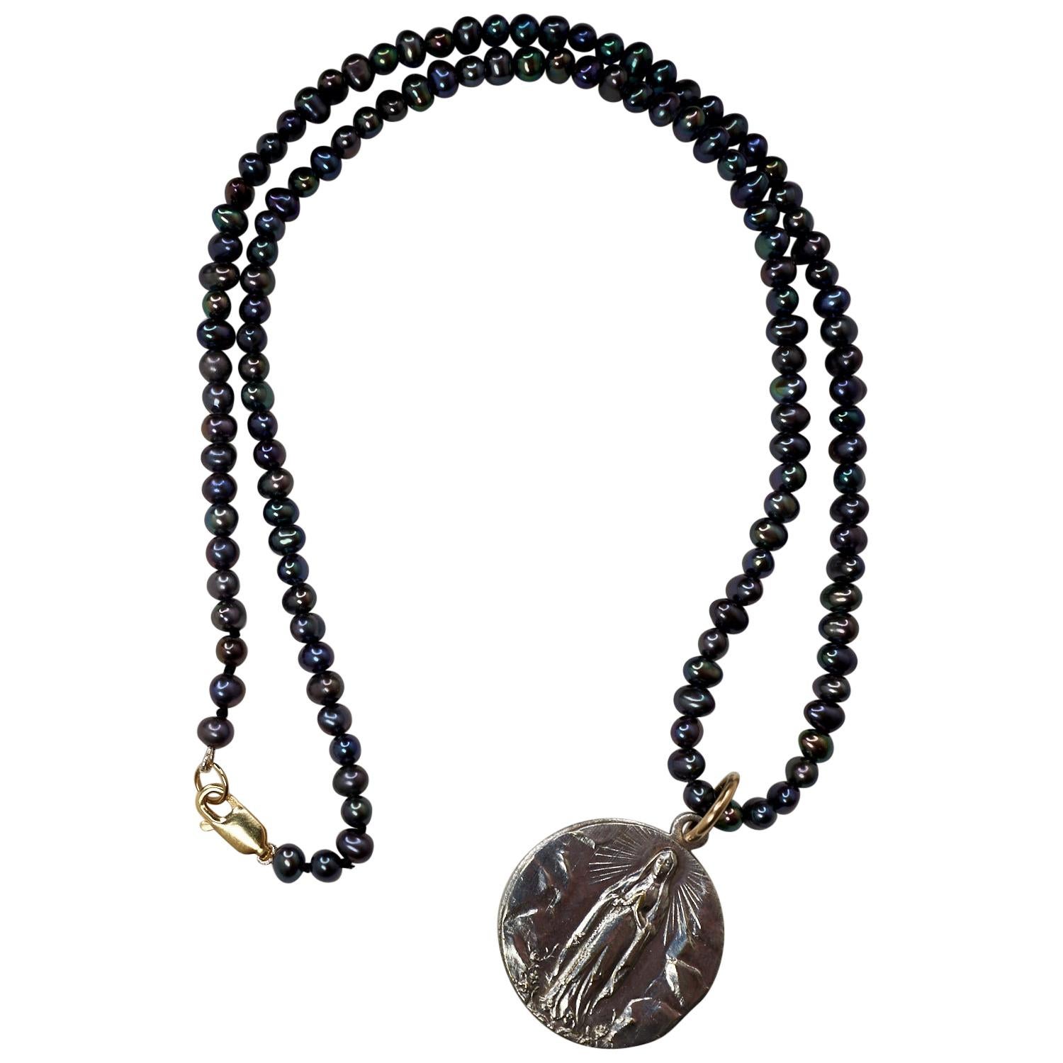 Collar de Perlas Negras Colgante Medalla Vintage Francés Único J DAUPHIN