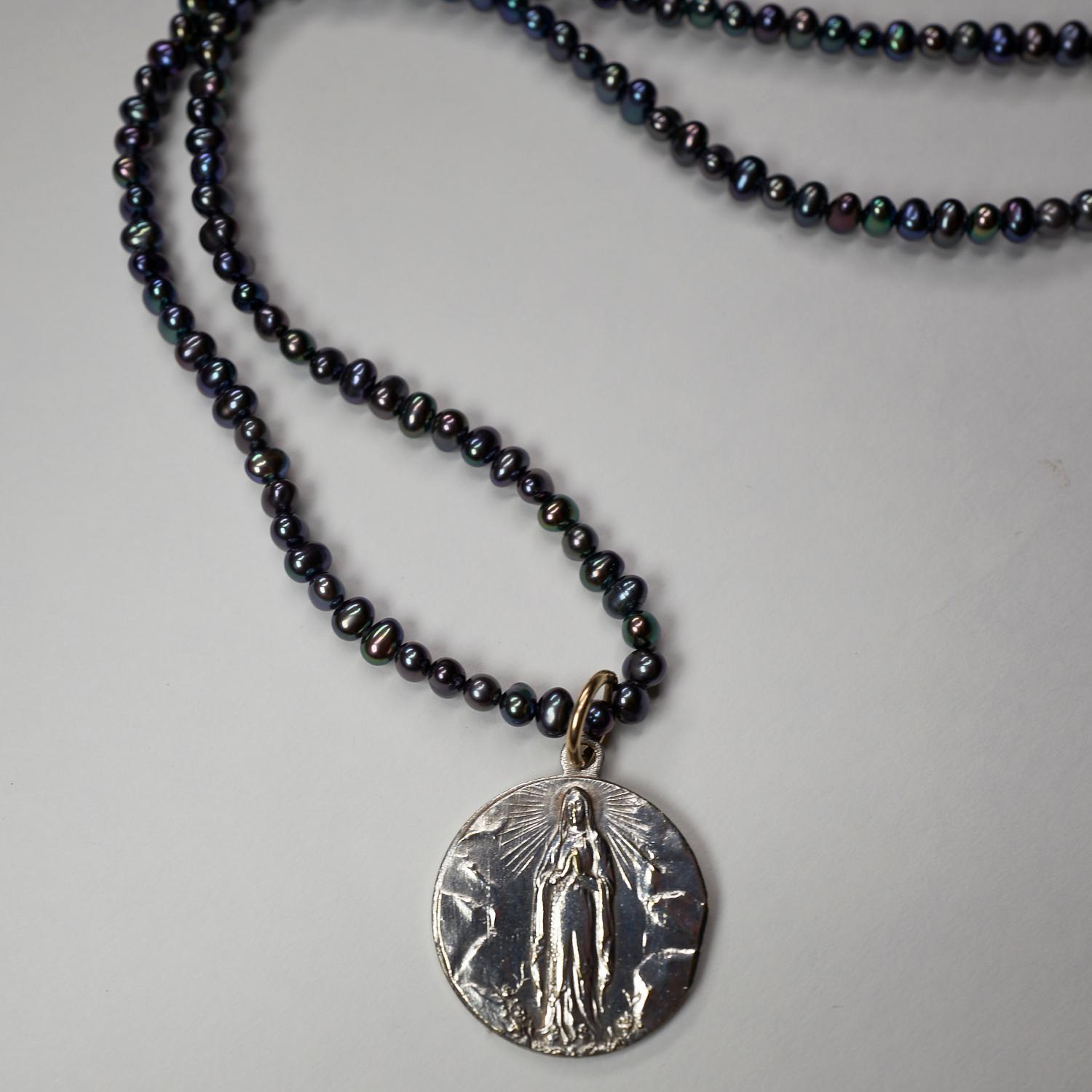 Black Pearl Necklace with a French Vintage Virgin Mary Medal Pendant Silver Plated from Paris, One of a Kind J Dauphin,  18