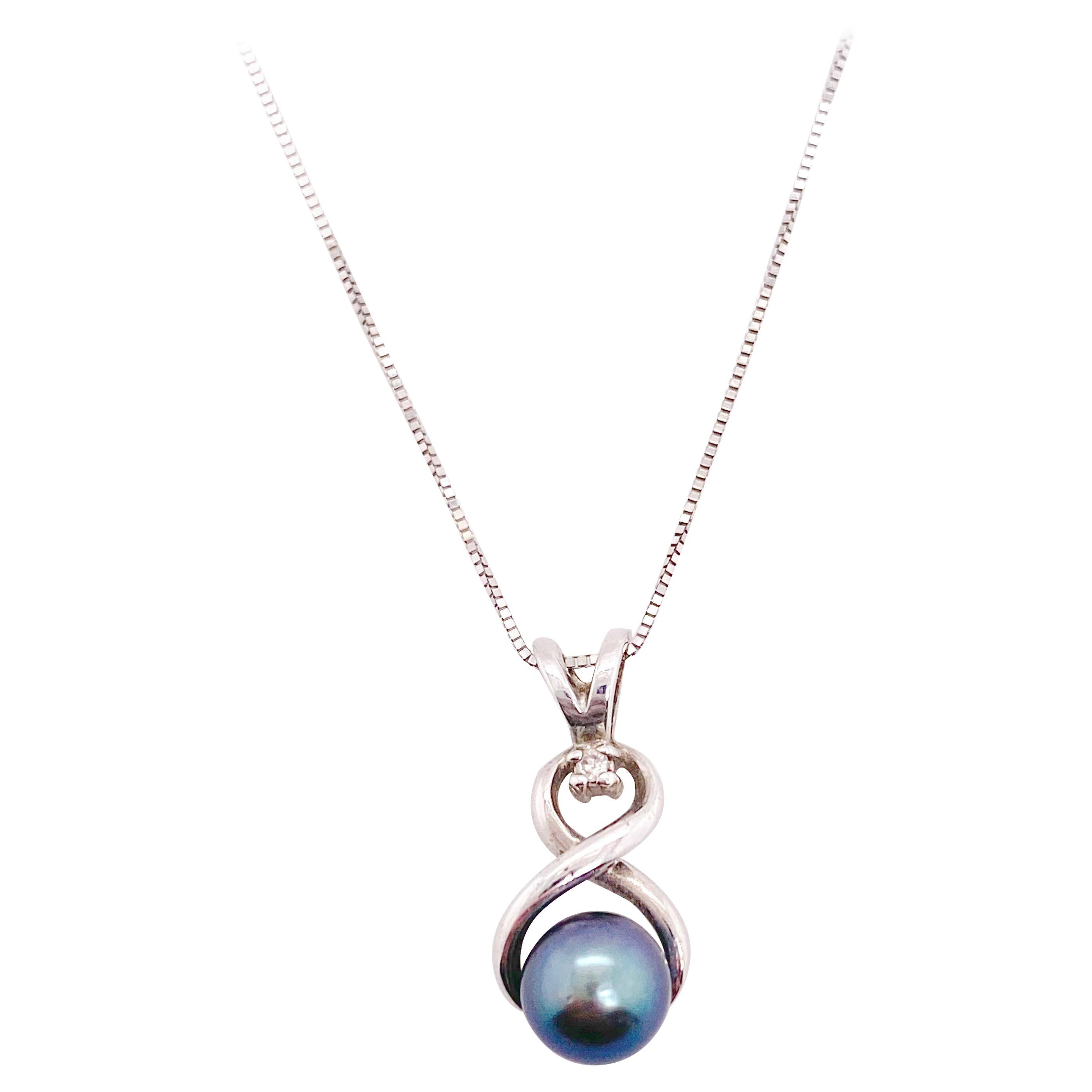 Black Pearl Necklace, Infinity Shape Pendant, White Gold Box Chain