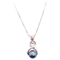 Black Pearl Necklace, Infinity Shape Pendant, White Gold Box Chain