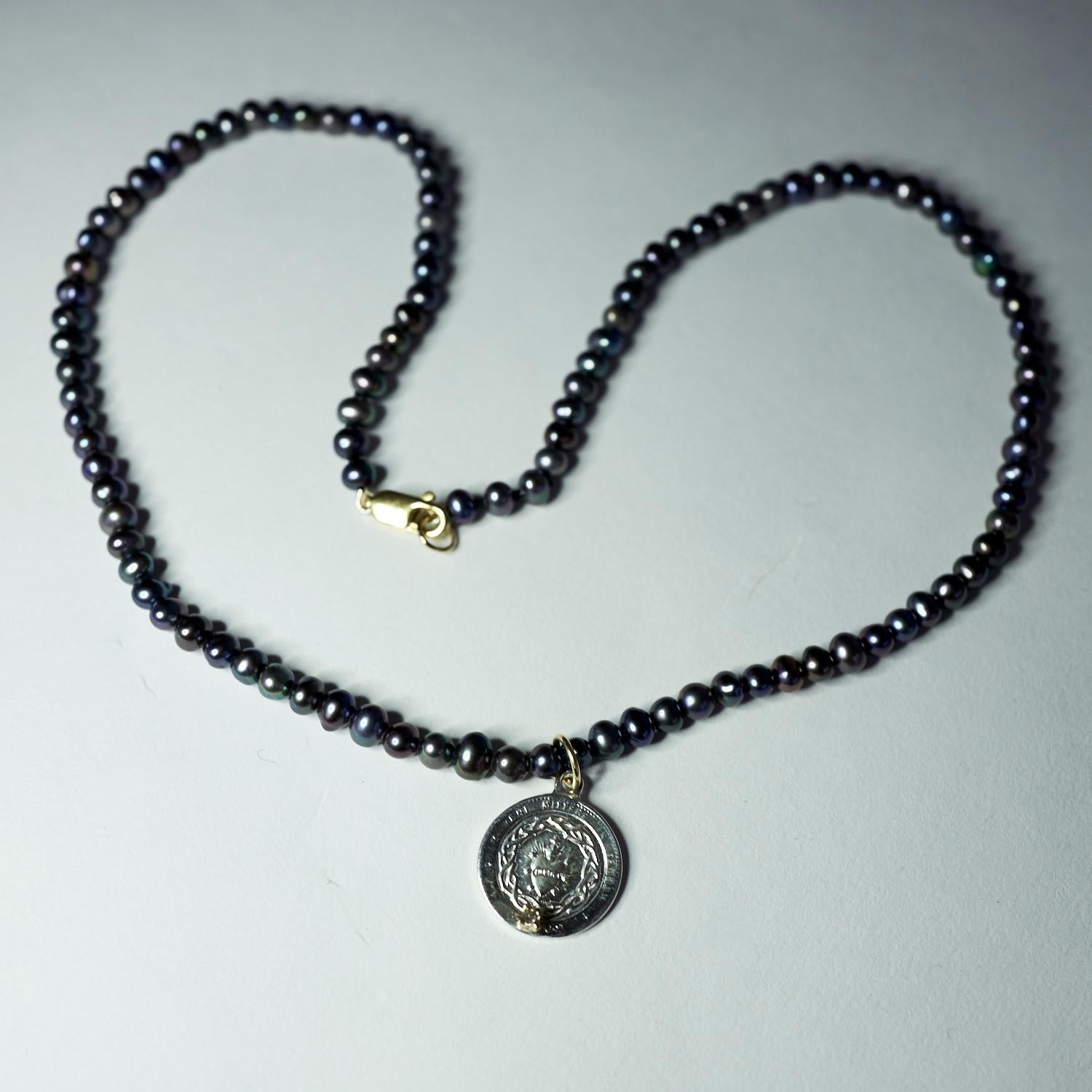 Schwarze Perlenkette Medaille Herz Weißer Diamant Sterling Silber 16