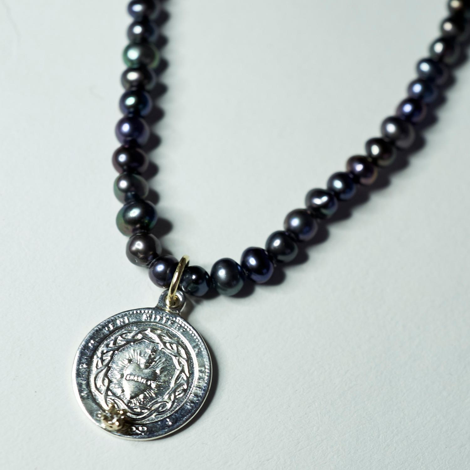 Black Pearl Necklace Medal Heart White Diamond Sterling Silver J Dauphin In New Condition For Sale In Los Angeles, CA