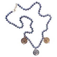 Sacred Heart Medal Necklace Black Pearl Aquamarine Devotional