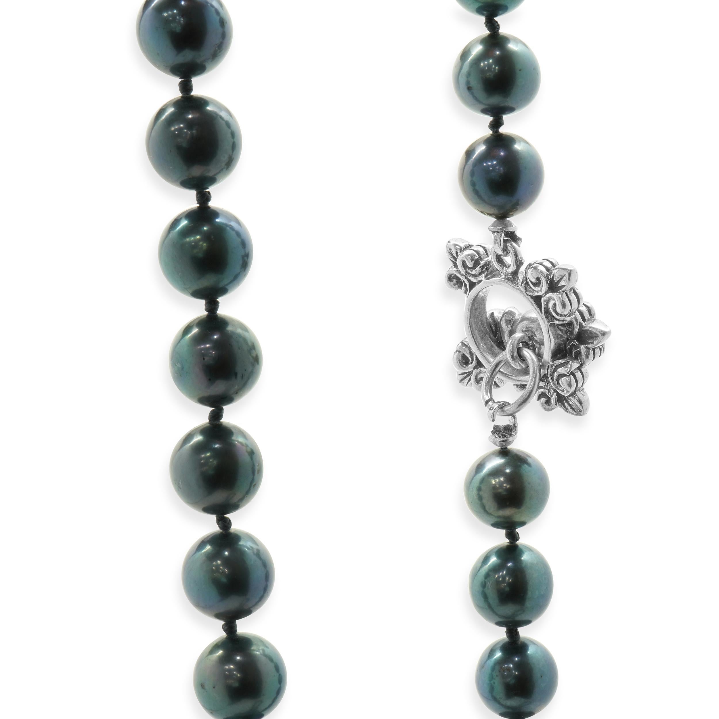 Round Cut Black Pearl Opera Length Necklace with Sterling Silver Clasp