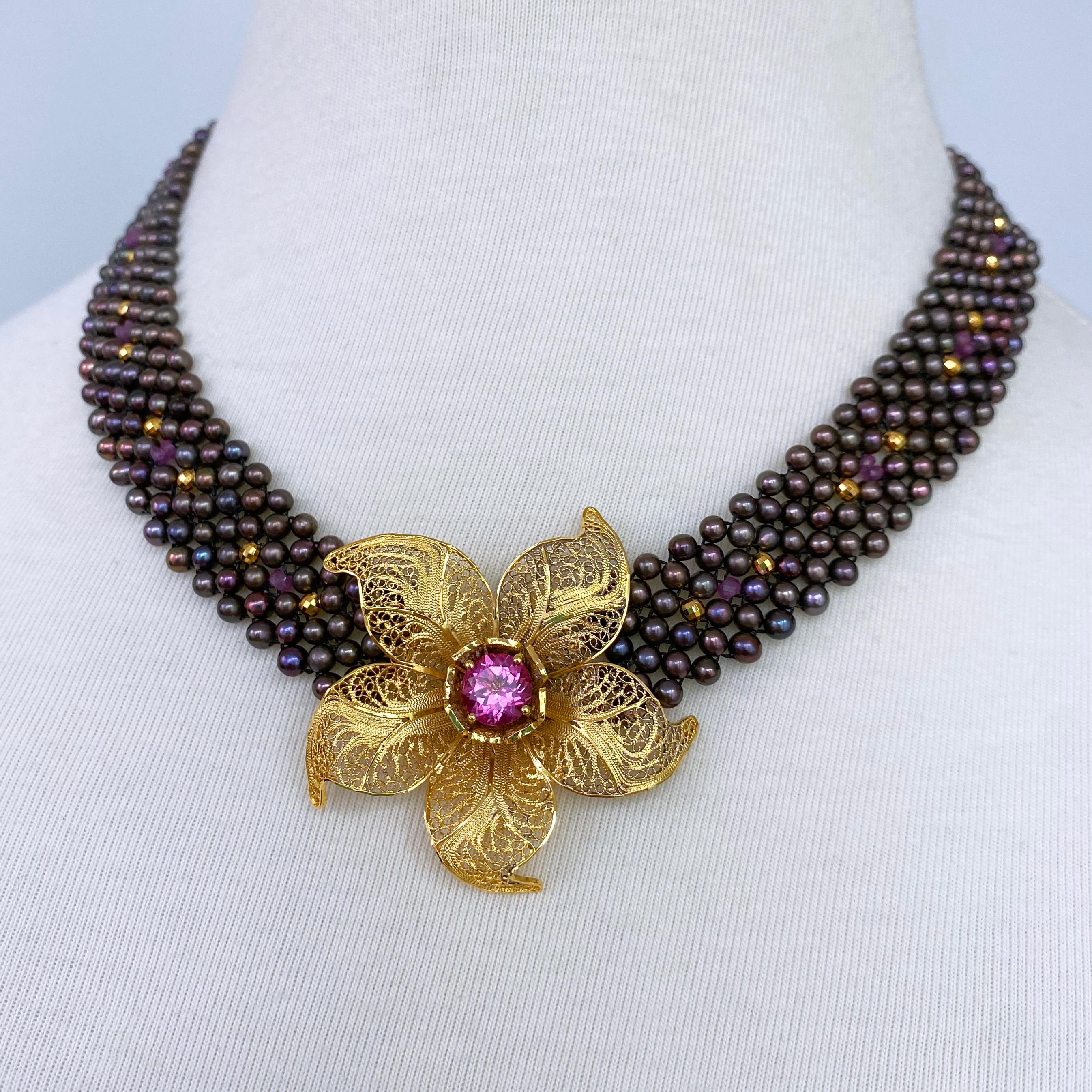 Cushion Cut Marina J. Woven Black Pearl Necklace with Pink Topaz & Golden Floral Centerpiece For Sale