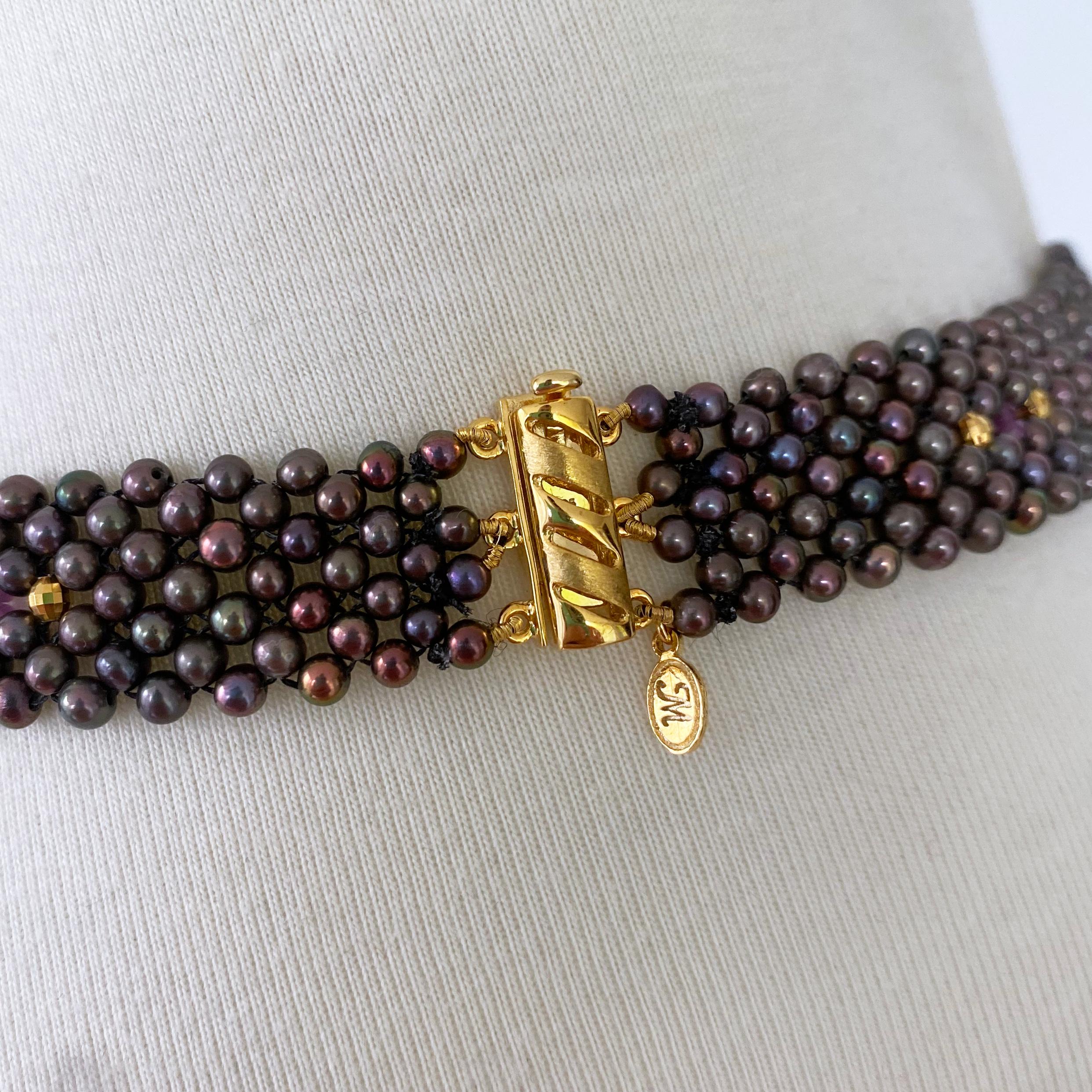 Marina J. Woven Black Pearl Necklace with Pink Topaz & Golden Floral Centerpiece In New Condition For Sale In Los Angeles, CA