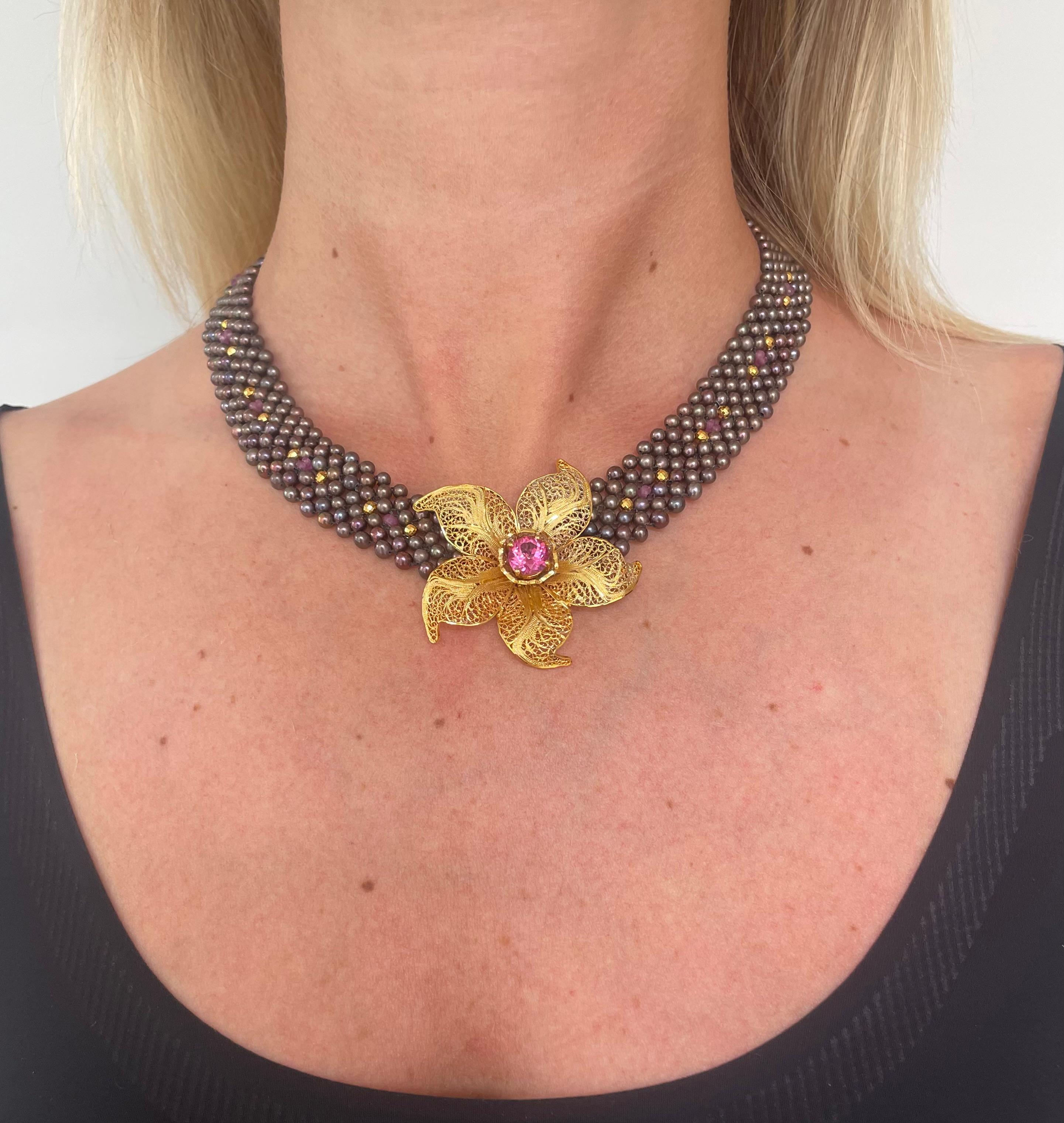 Marina J. Woven Black Pearl Necklace with Pink Topaz & Golden Floral Centerpiece For Sale 1