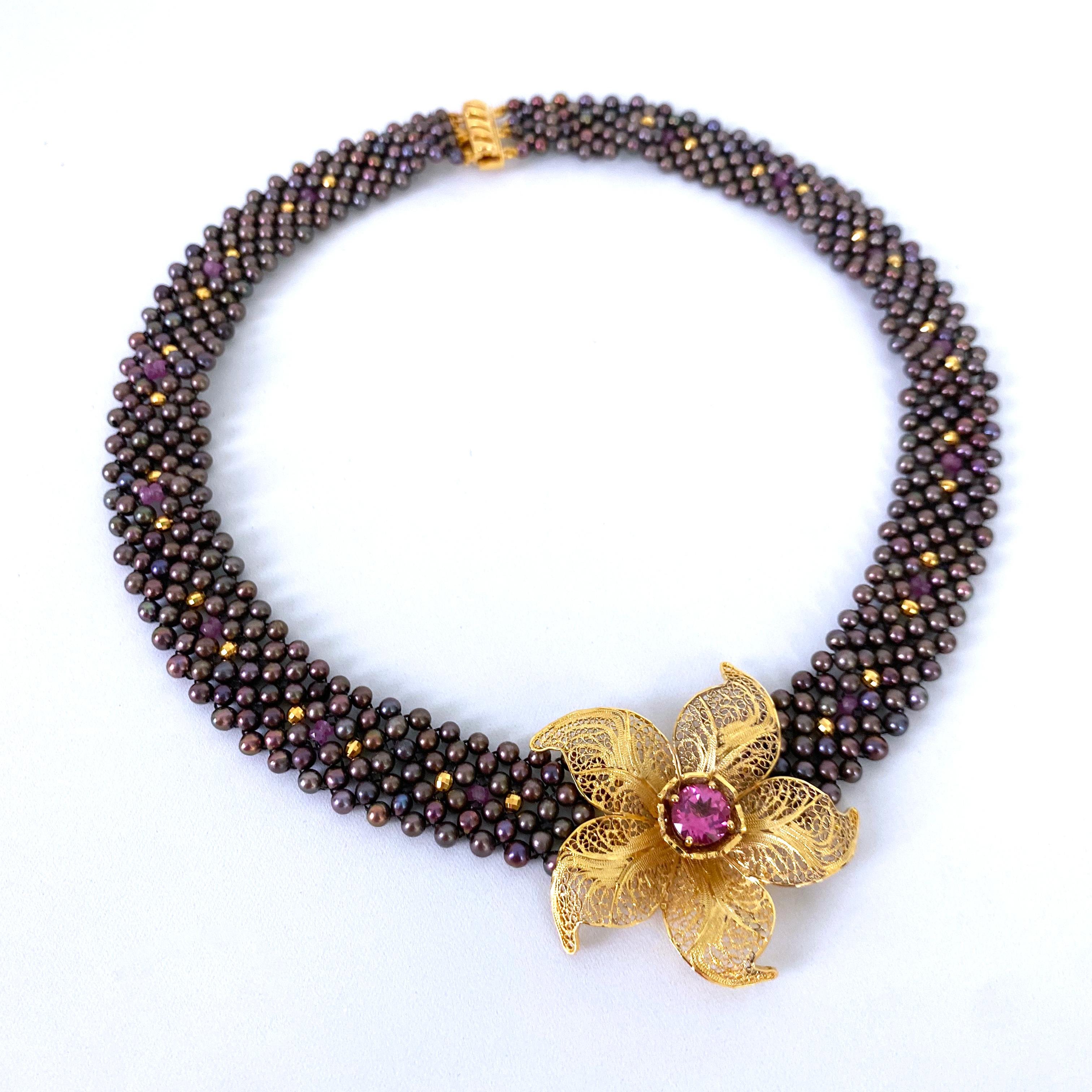 Women's Marina J. Woven Black Pearl Necklace with Pink Topaz & Golden Floral Centerpiece For Sale