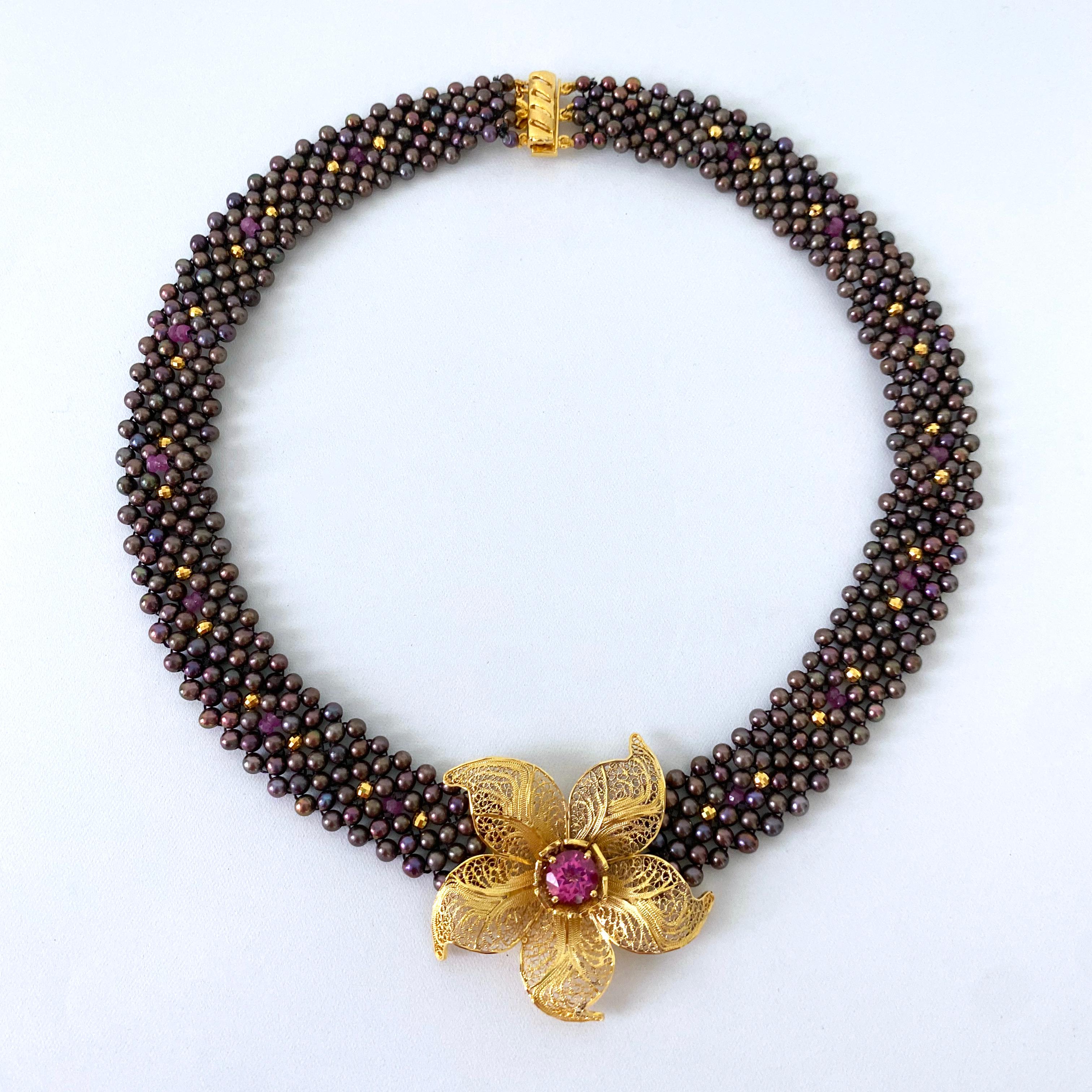 Marina J. Woven Black Pearl Necklace with Pink Topaz & Golden Floral Centerpiece For Sale 2
