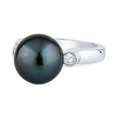 Black Pearl Platinum Ring with Two Round Diamonds
