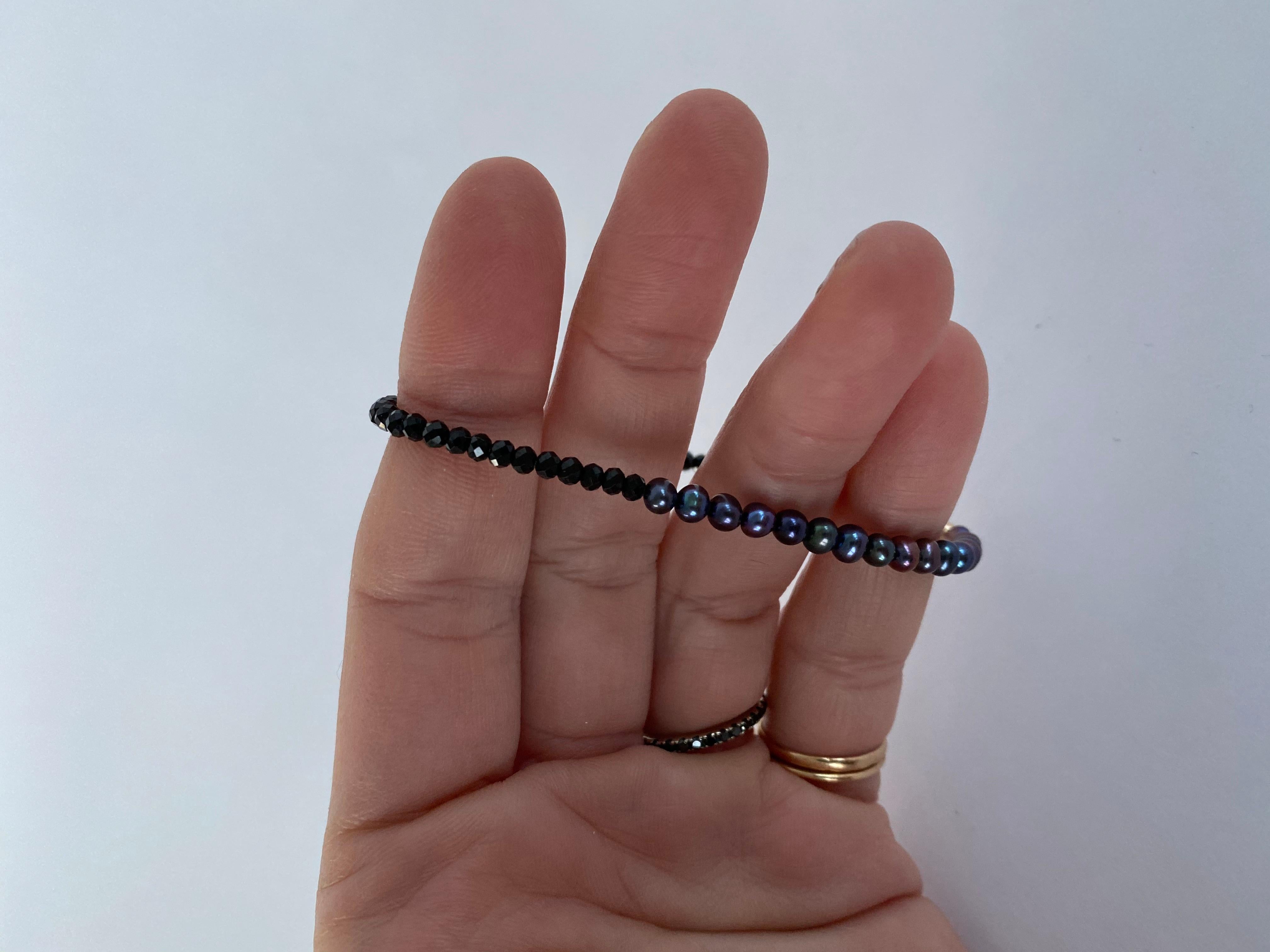 Round Cut Black Pearl Beaded Bracelet Spinel Chain For Sale