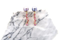 Black Pearl Studs and Detachable Hanging Mixed Size Round Pink Sapphire 18K Gold