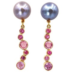 Black Pearl Studs and Detachable Hanging Mixed Size Round Pink Sapphire 18K Gold