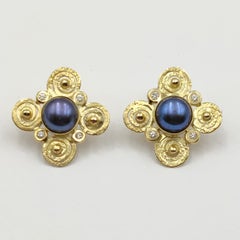 Black Pearl Tahiti Diamonds 14K Gold Hand Made Artist Stud Earrings