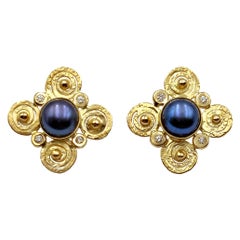 Black Pearl Tahiti Diamonds 14K Gold Hand Made Artist Stud Earrings