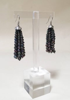 Black Pearl Tassel Earrings with White Gold Plated Silver Cup by Marina J