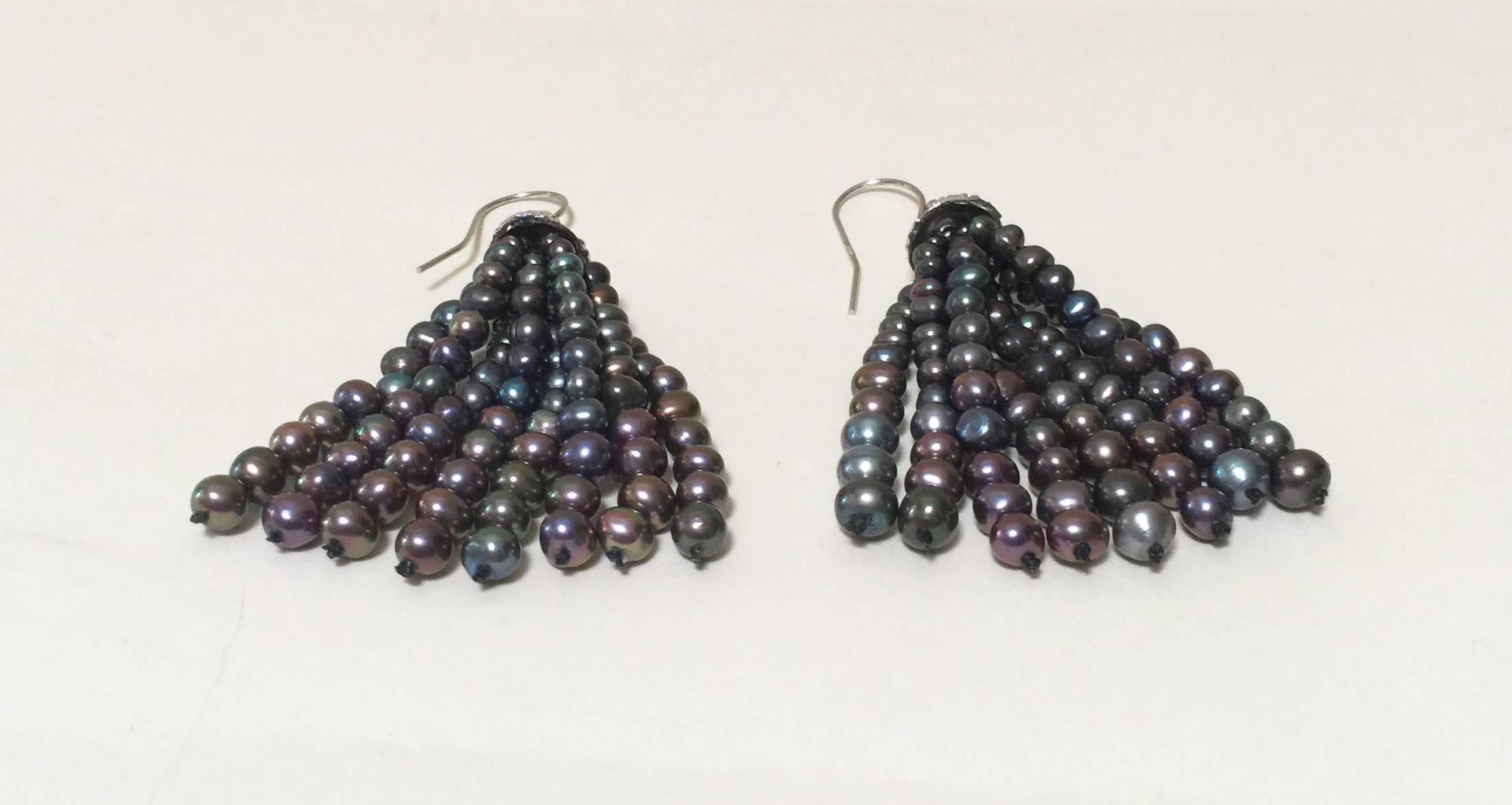 Bead Black Pearl Tassel Earrings with White Gold Plated Silver Cup by Marina J For Sale