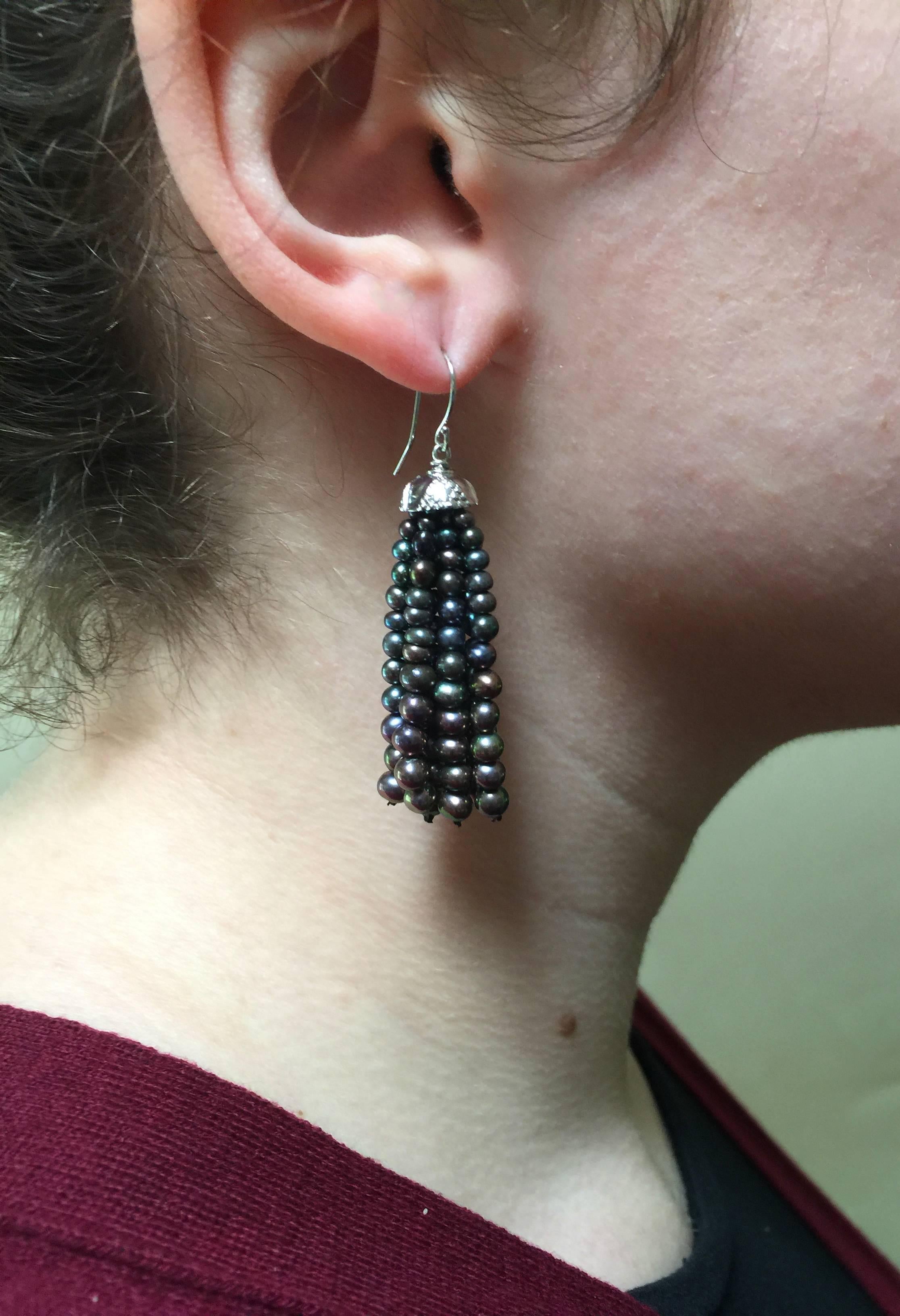 Black Pearl Tassel Earrings with White Gold Plated Silver Cup by Marina J In New Condition For Sale In Los Angeles, CA