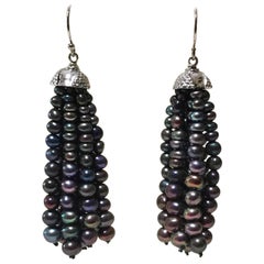 Black Pearl Tassel Earrings with White Gold Plated Silver Cup by Marina J