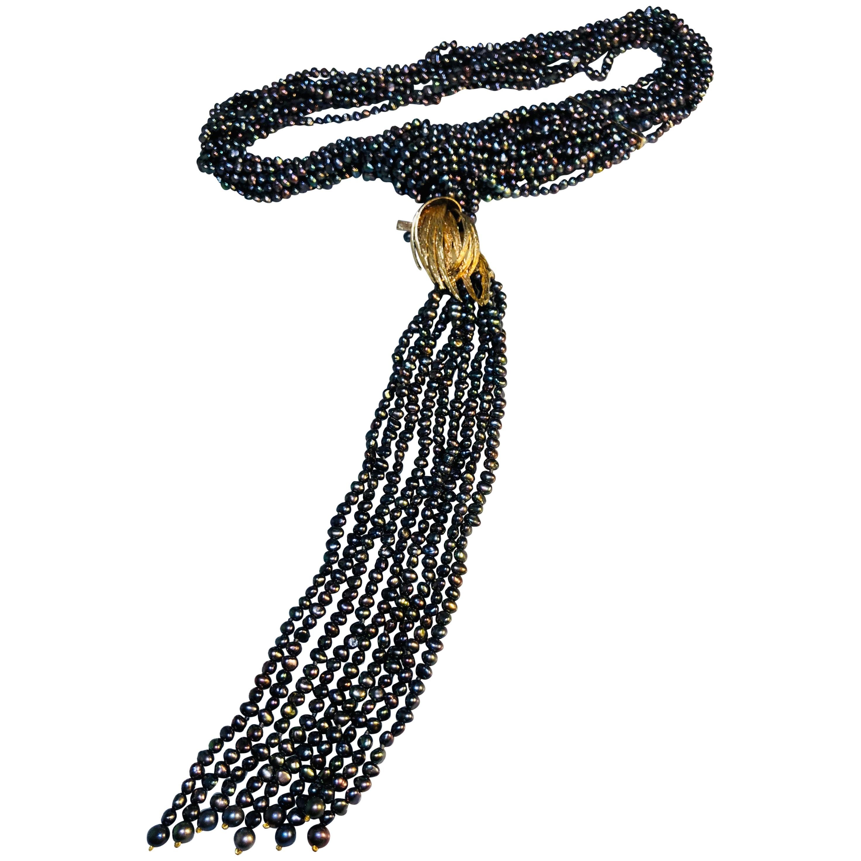 Black Pearl Tassel Lavalier Necklace, 9 Karat Yellow Gold Palm Frond Detail