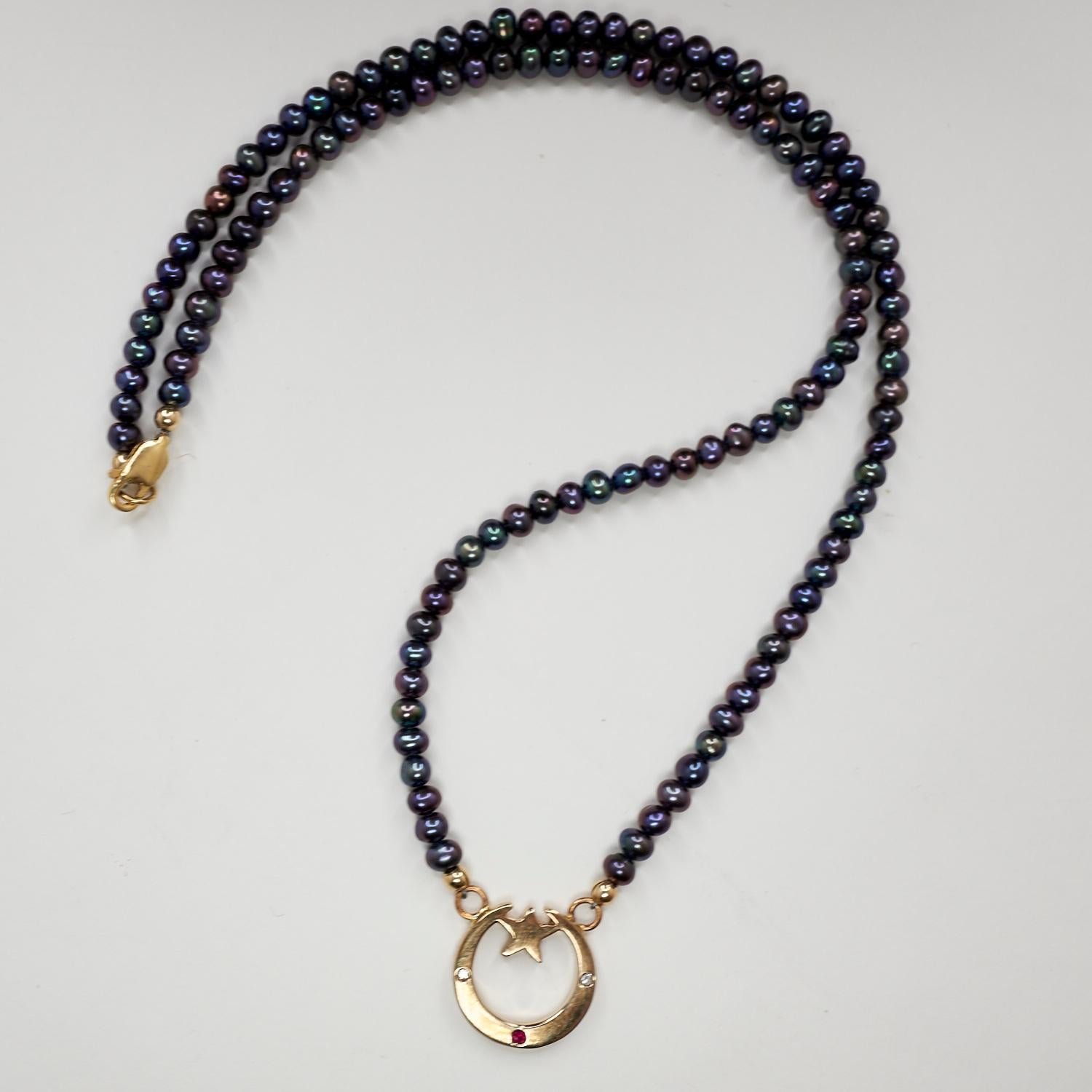 Crescent Moon Star Black Pearl Bead Necklace Gold White Diamond Ruby J Dauphin In New Condition For Sale In Los Angeles, CA