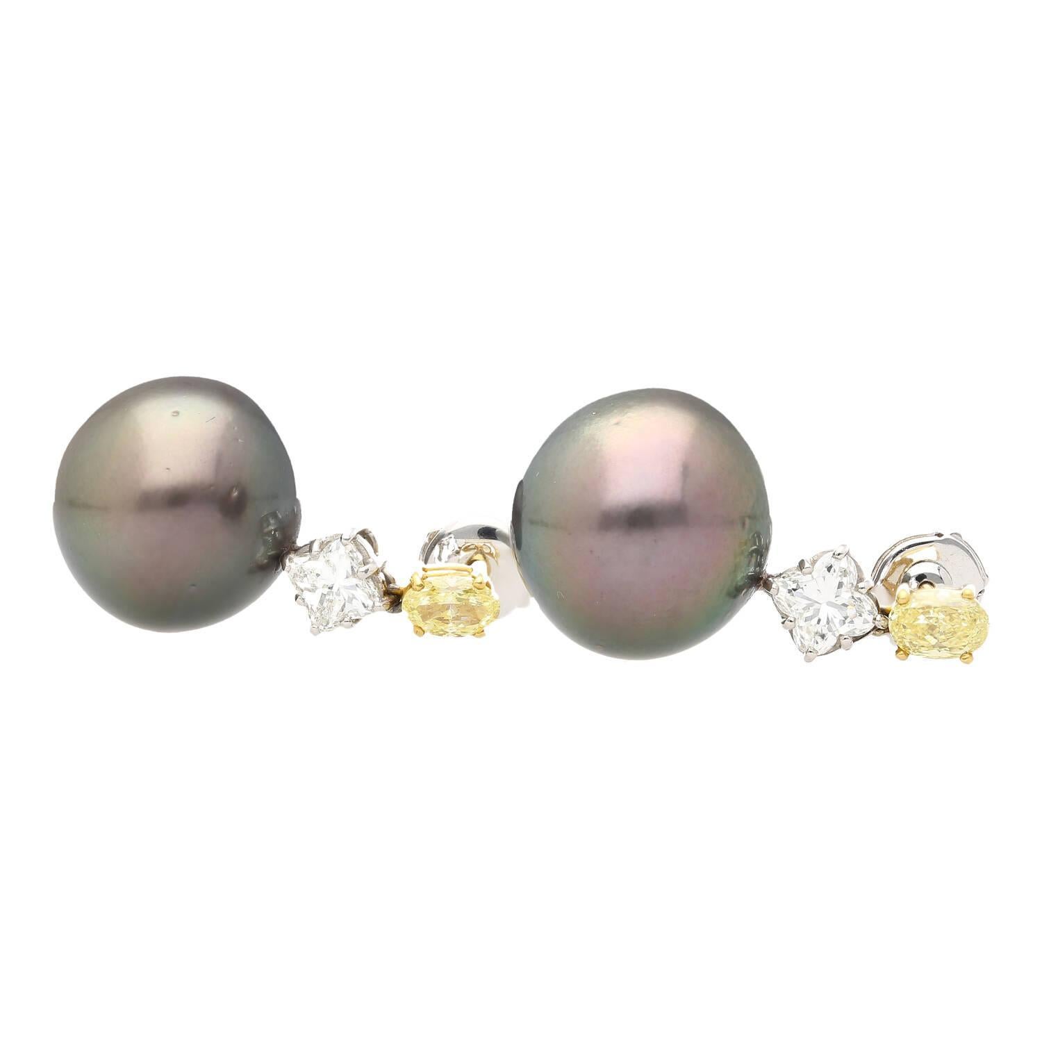 Modern Black Pearl with Fancy Yellow & White Lily Cut Diamond Drop Earrings For Sale