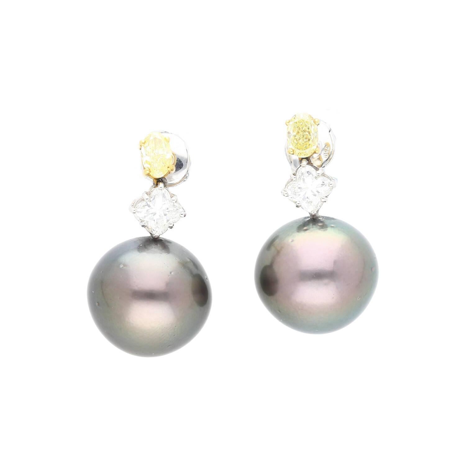 Round Cut Black Pearl with Fancy Yellow & White Lily Cut Diamond Drop Earrings For Sale