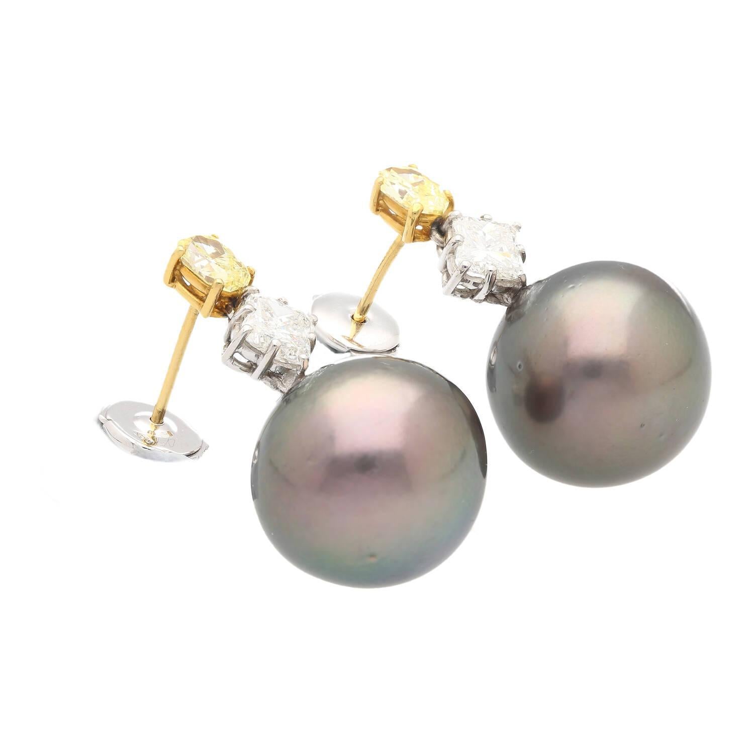 Women's Black Pearl with Fancy Yellow & White Lily Cut Diamond Drop Earrings For Sale