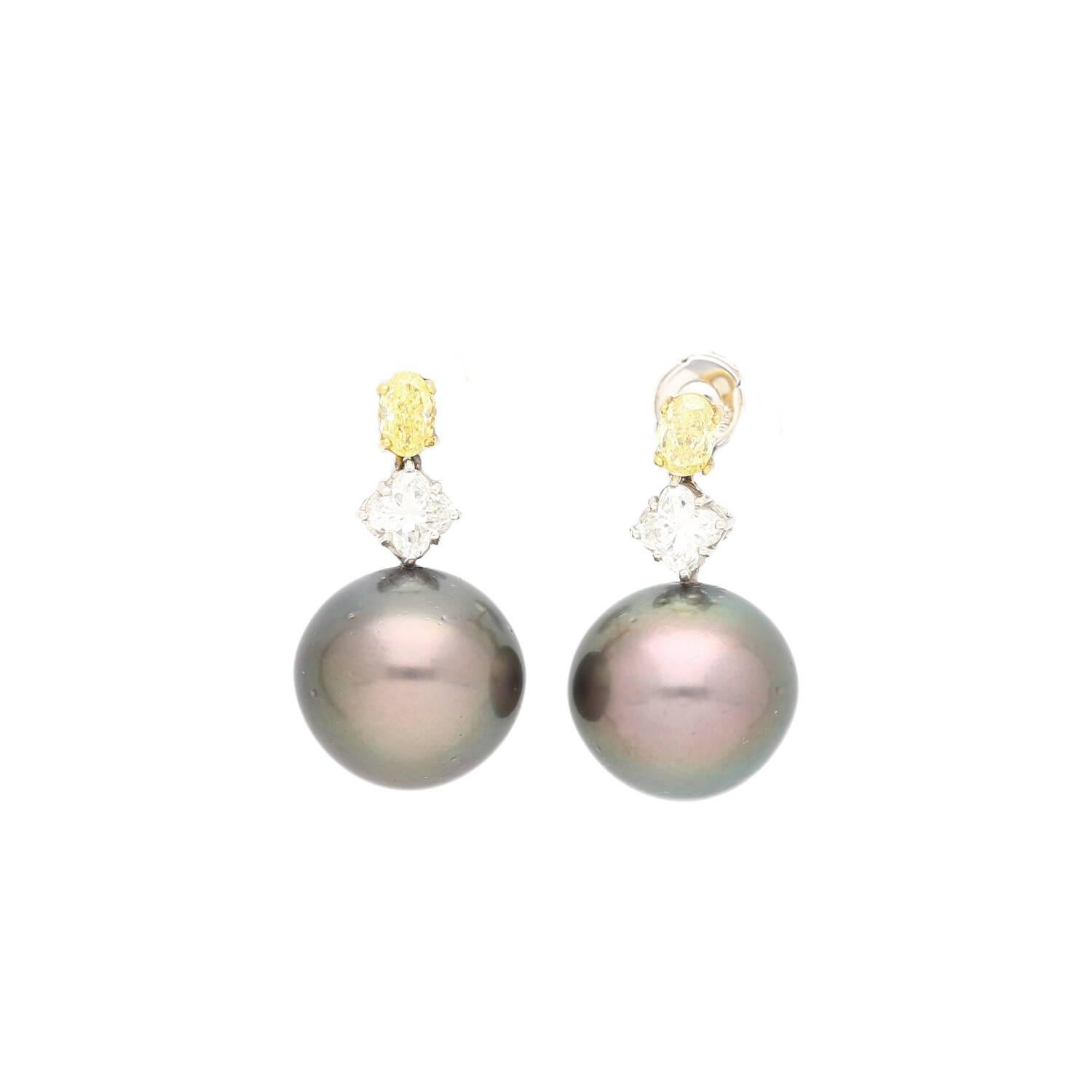 Black Pearl with Fancy Yellow & White Lily Cut Diamond Drop Earrings For Sale 1