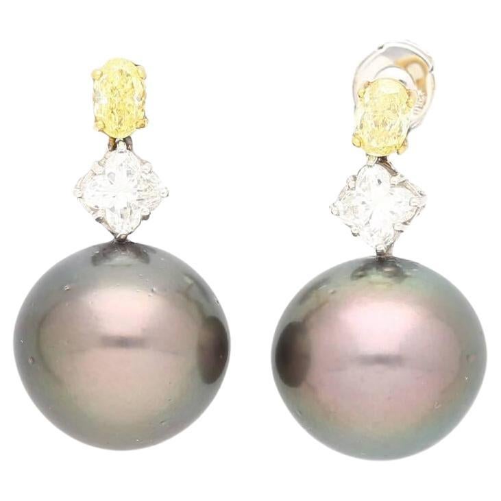 Black Pearl with Fancy Yellow & White Lily Cut Diamond Drop Earrings For Sale