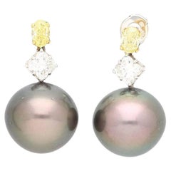 Black Pearl with Fancy Yellow & White Lily Cut Diamond Drop Earrings