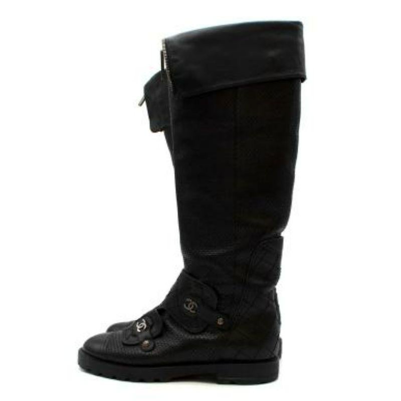 Women's black perforated leather long biker boots