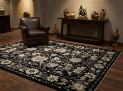 Black Persian Wool Hand Knotted Rug 11 ft x 14 ft, Midnight Floral Elegance