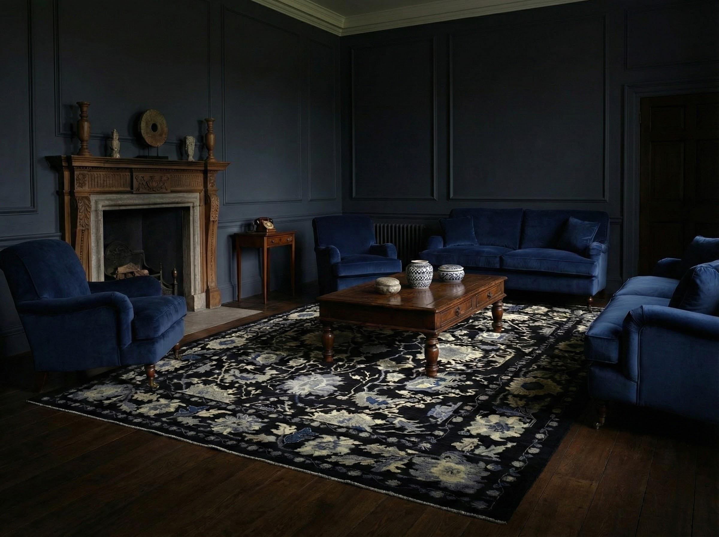 Schwarz Persische Wolle Hand geknüpft Teppich 11 ft x 14 ft, Midnight Floral Elegance (Oushak) im Angebot