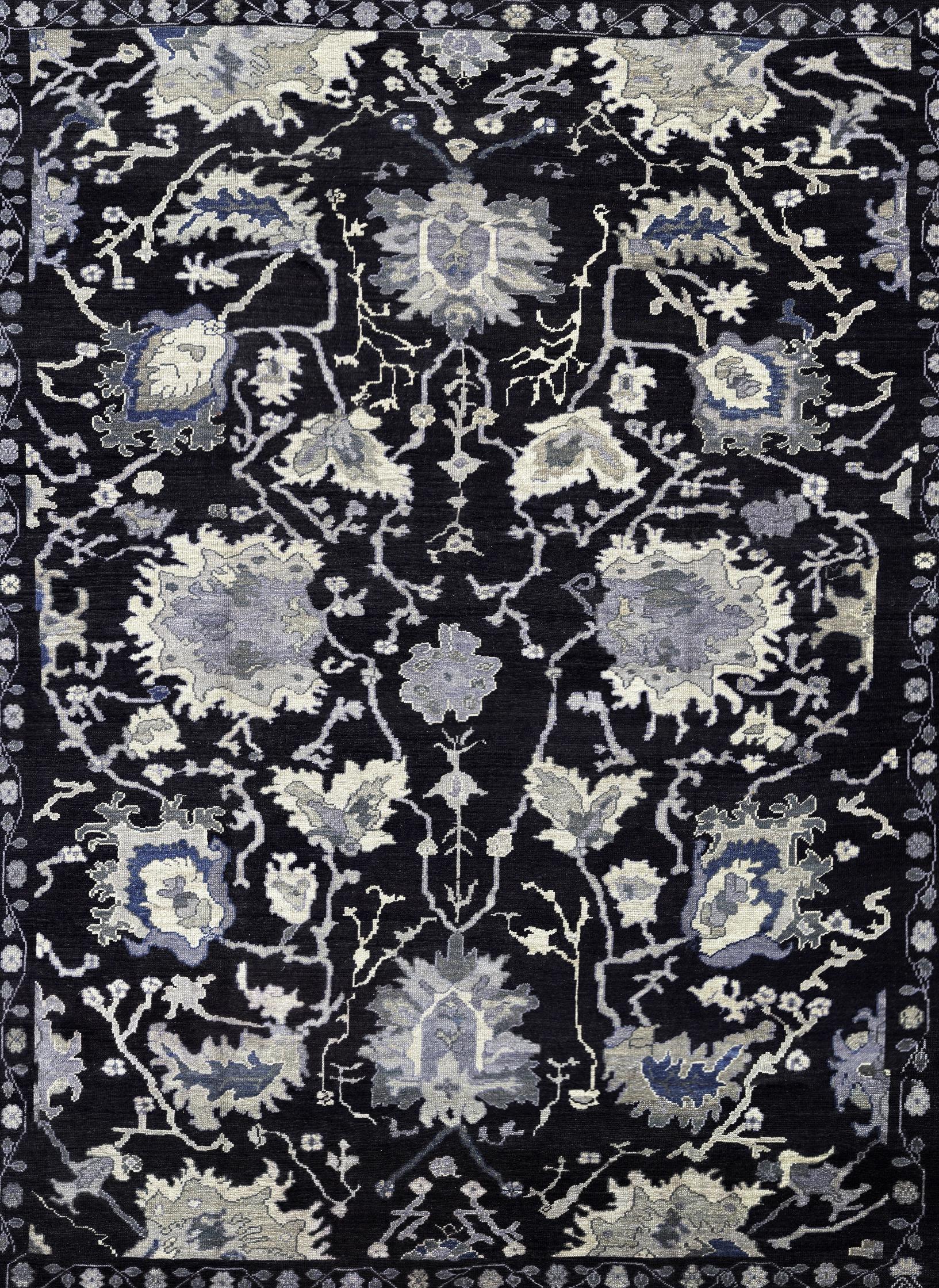 Schwarz Persische Wolle Hand geknüpft Teppich 11 ft x 14 ft, Midnight Floral Elegance im Angebot 1