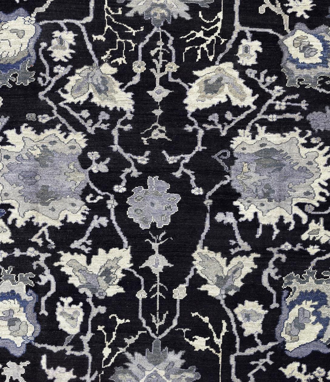 Schwarz Persische Wolle Hand geknüpft Teppich 11 ft x 14 ft, Midnight Floral Elegance im Angebot 2