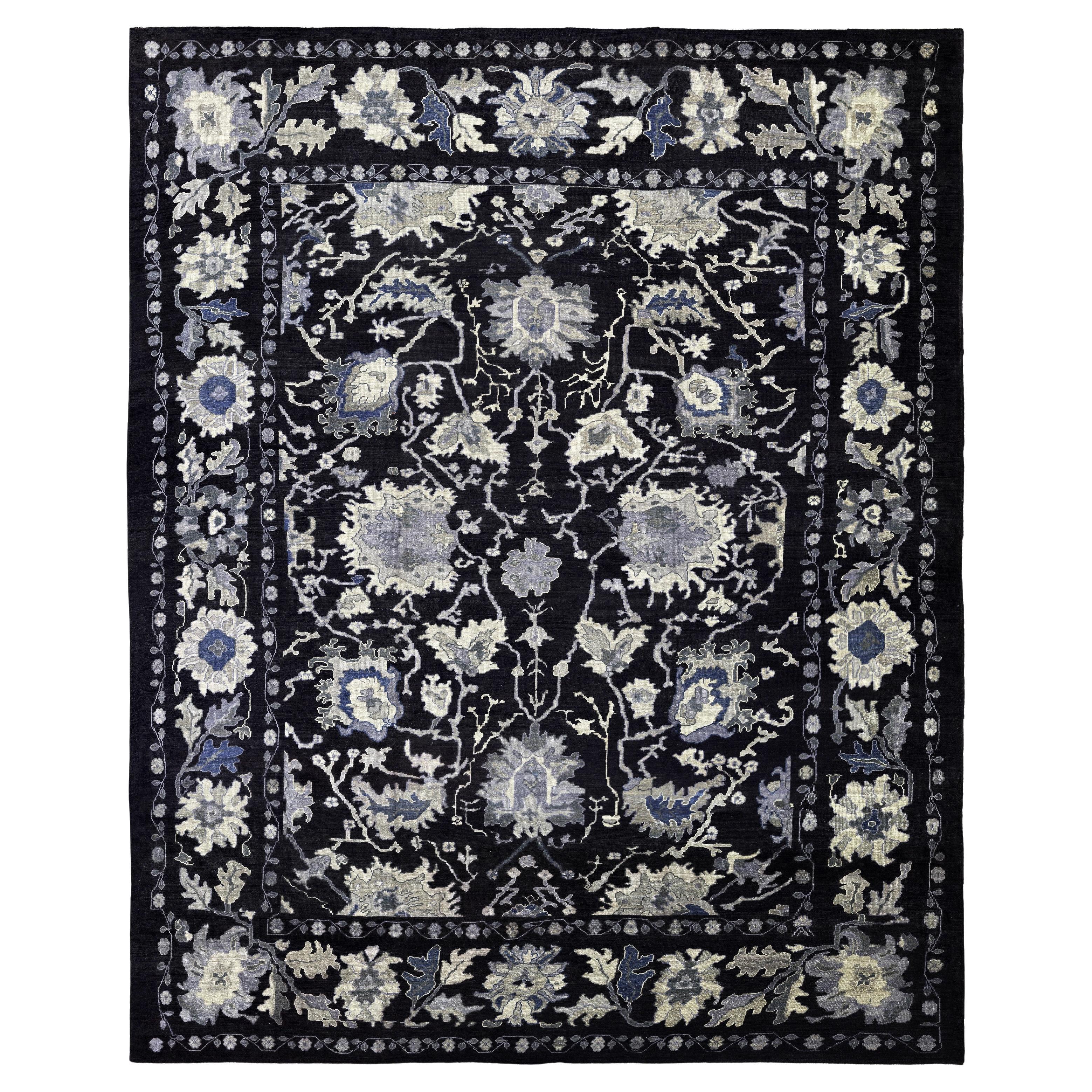 Schwarz Persische Wolle Hand geknüpft Teppich 11 ft x 14 ft, Midnight Floral Elegance
