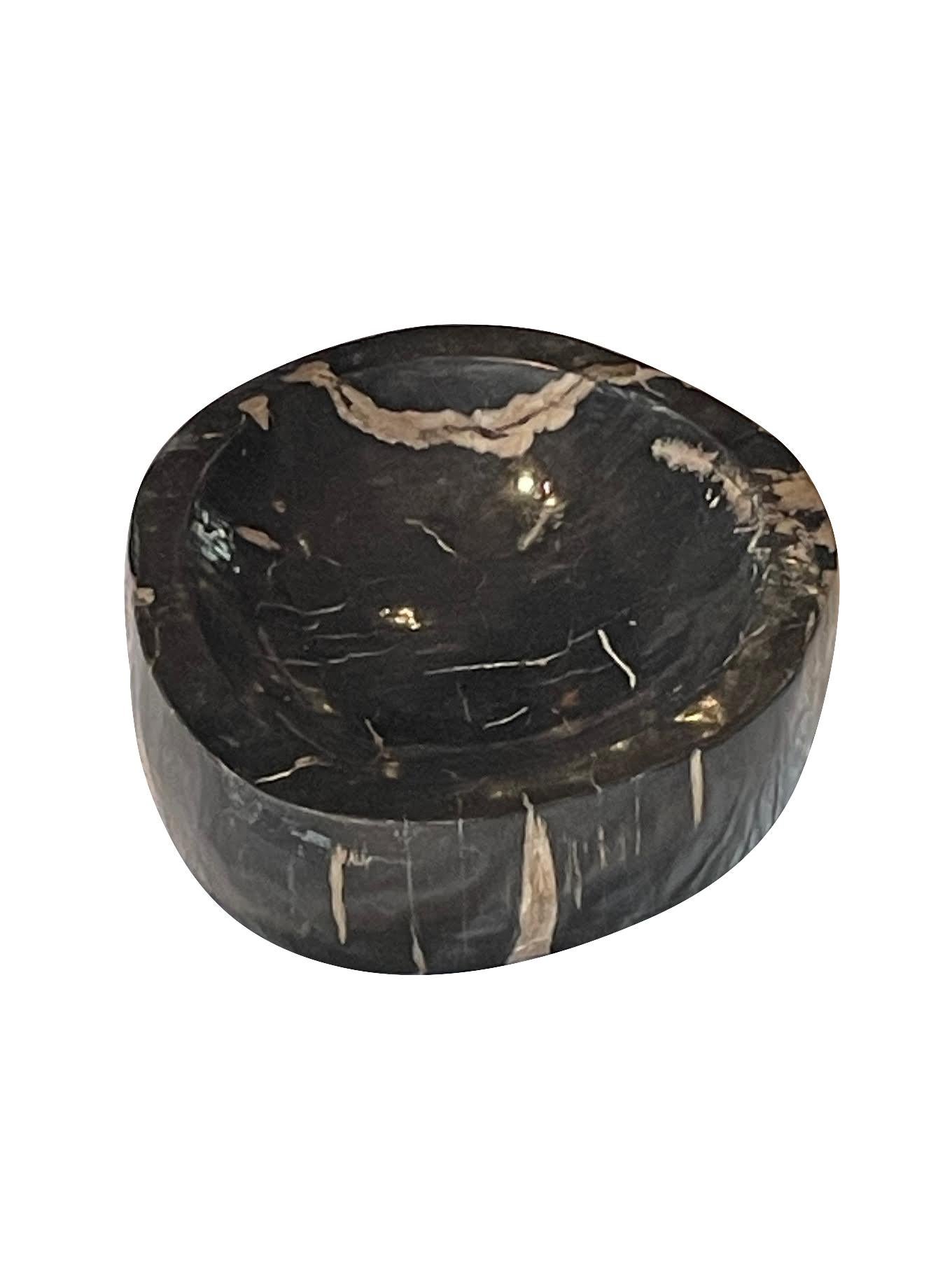 Contemporary Indonesian black petrified wood bowl.
Black with cream accents.
Free form shape.
Smooth polished finish.