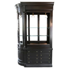 Antique Black Pharmacy Cabinet with Curved Glass