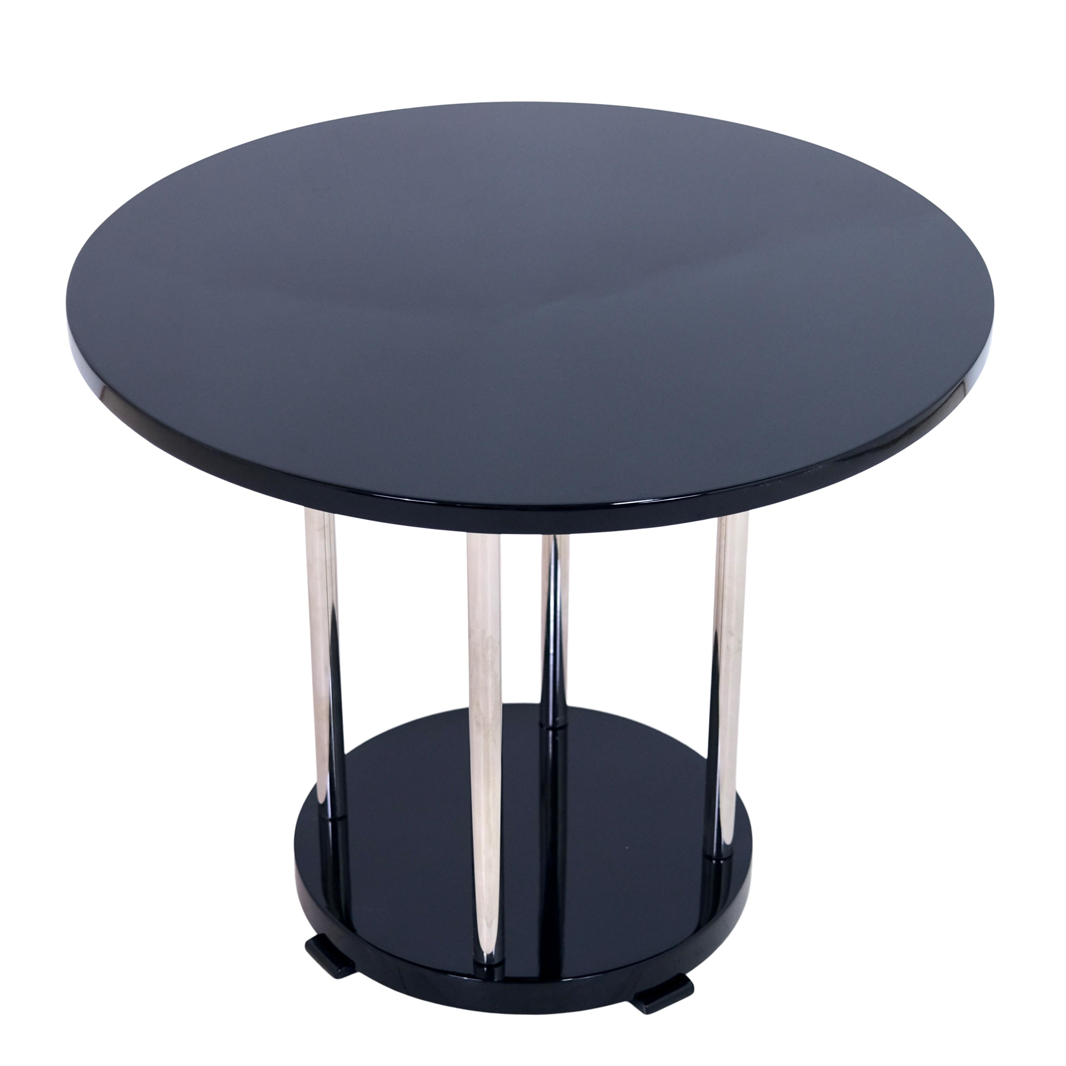 Blackened Black Piano Lacquer French Art Deco Style Side Table with Chromed Tubes For Sale