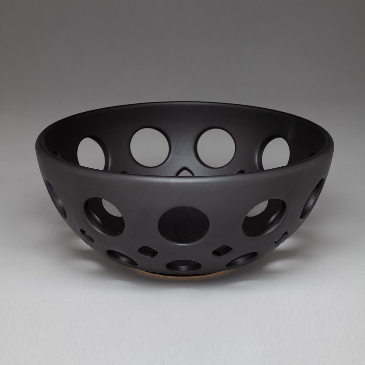 Mid-Century Modern Black Pierced Ceramic Tabletop Bowl, in Stock