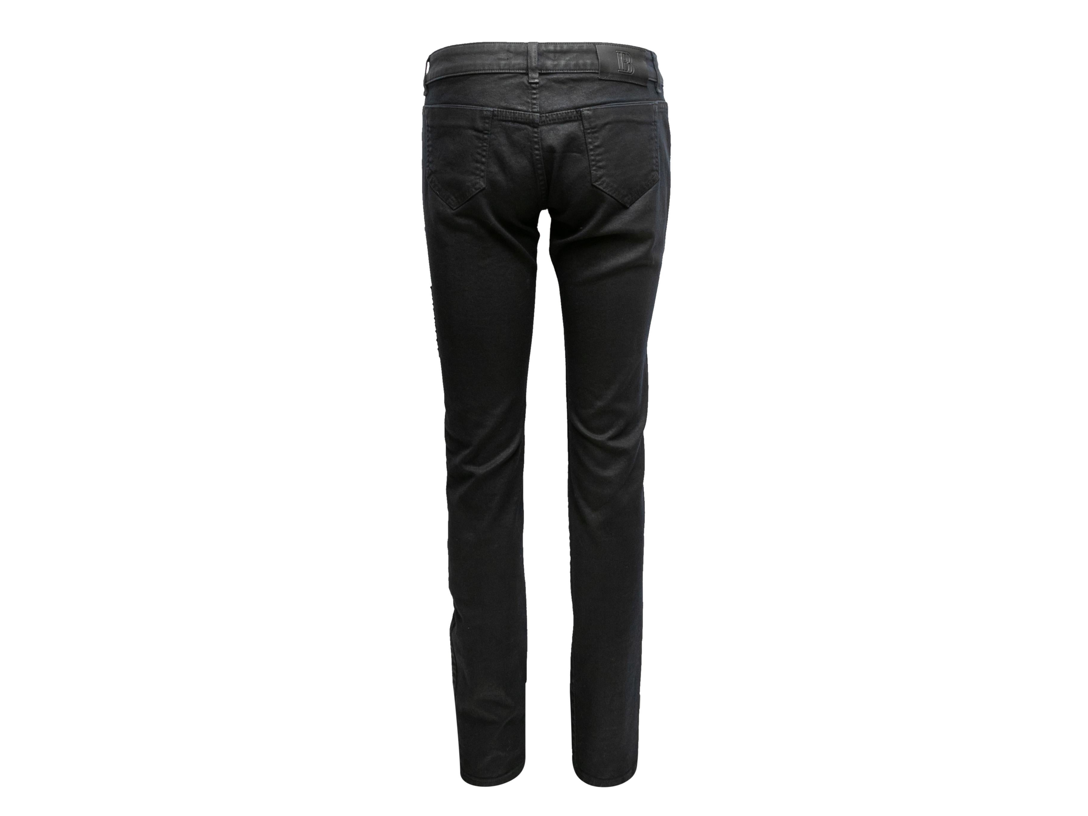Women's Black Pierre Balmain Waxed Patch-Embellished Skinny Jeans Designer Size 28 For Sale