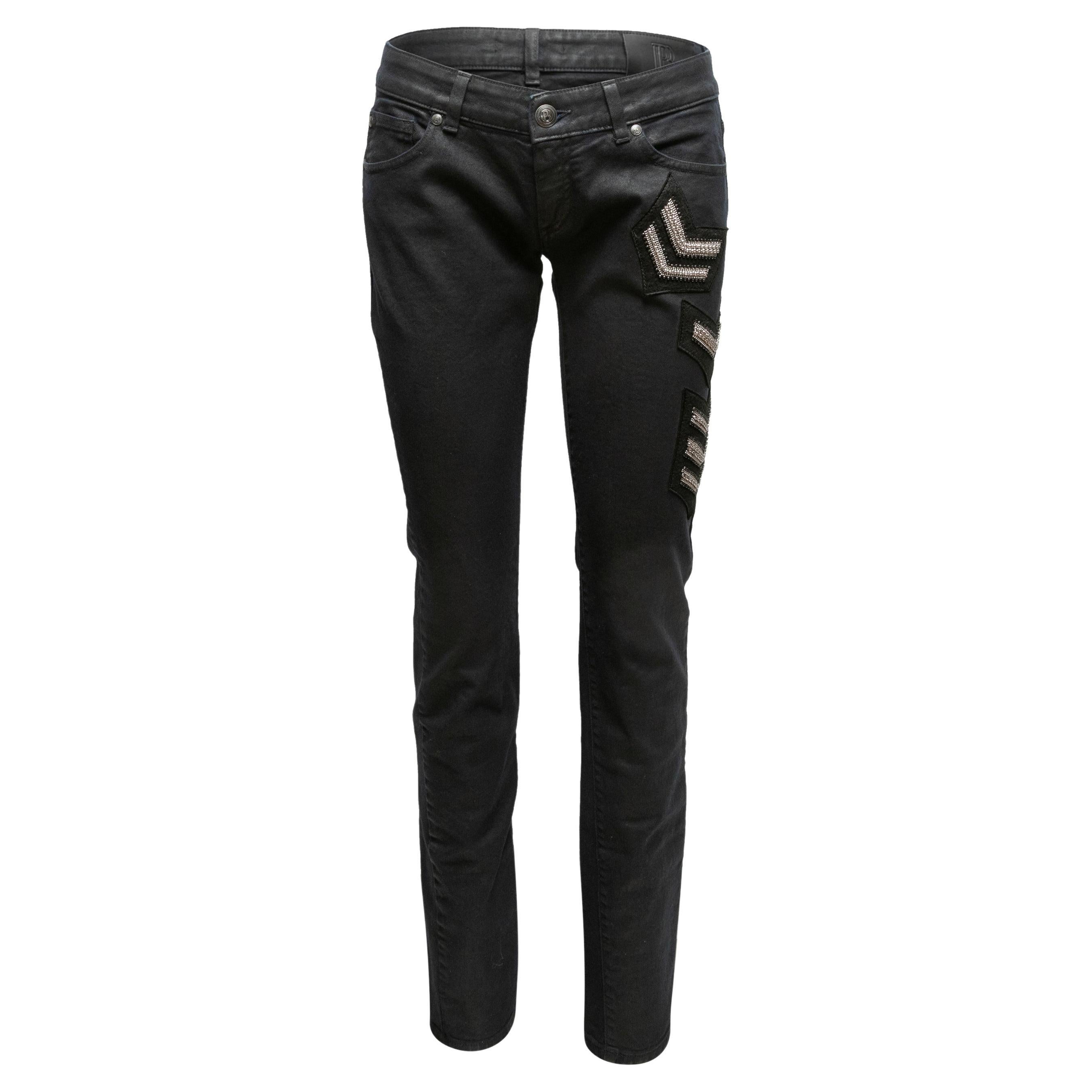 Black Pierre Balmain Waxed Patch-Embellished Skinny Jeans Designer Size 28 For Sale