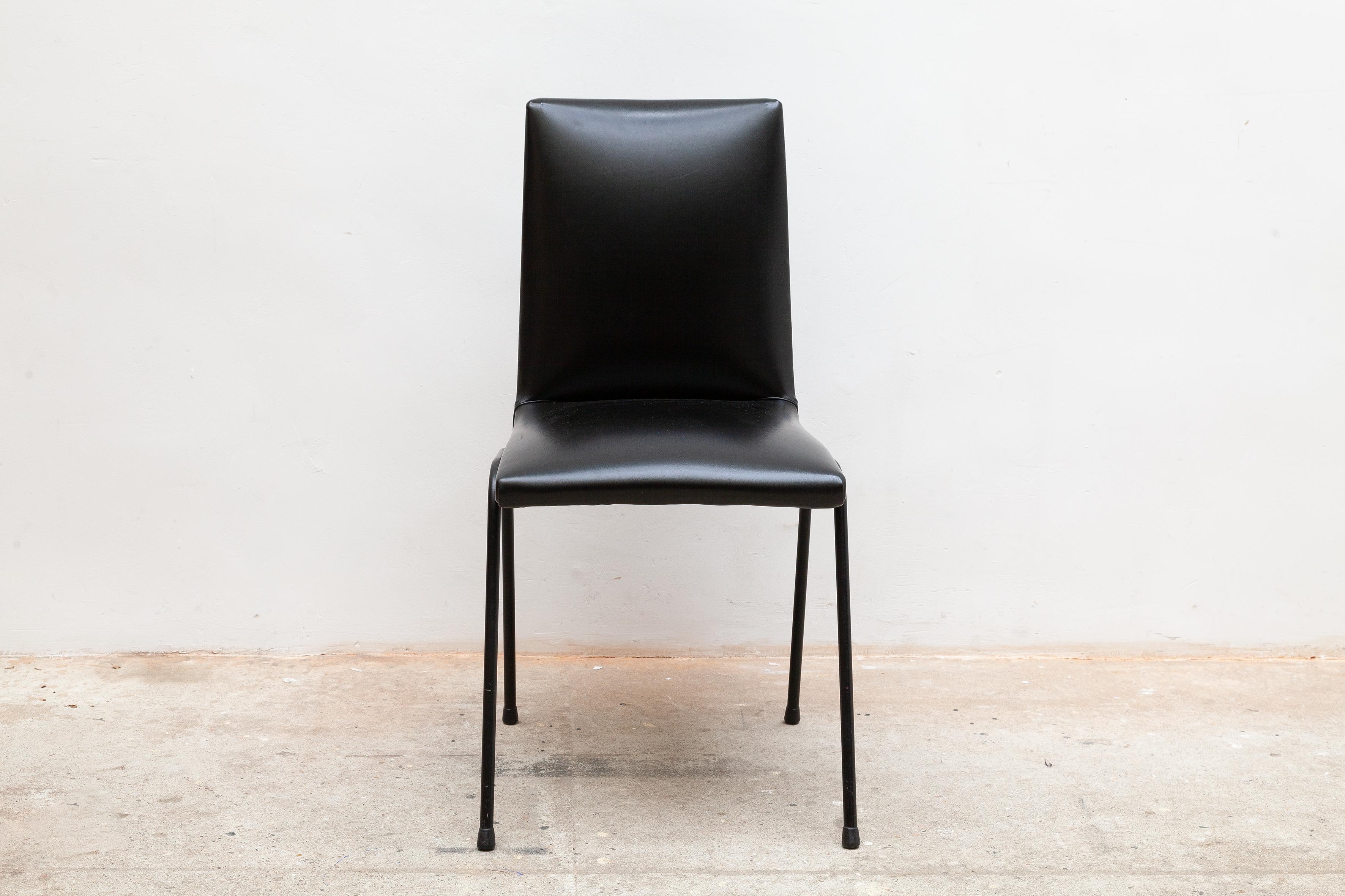 Vintage mid-century chair by Pierre Guariche for Meurop, Belgium. Enameled black tubular steel frame with original black vinyl upholstery in excellent condition.
Dimensions: 40W x 85H x 45D cm Seat: 45 cm high.
 