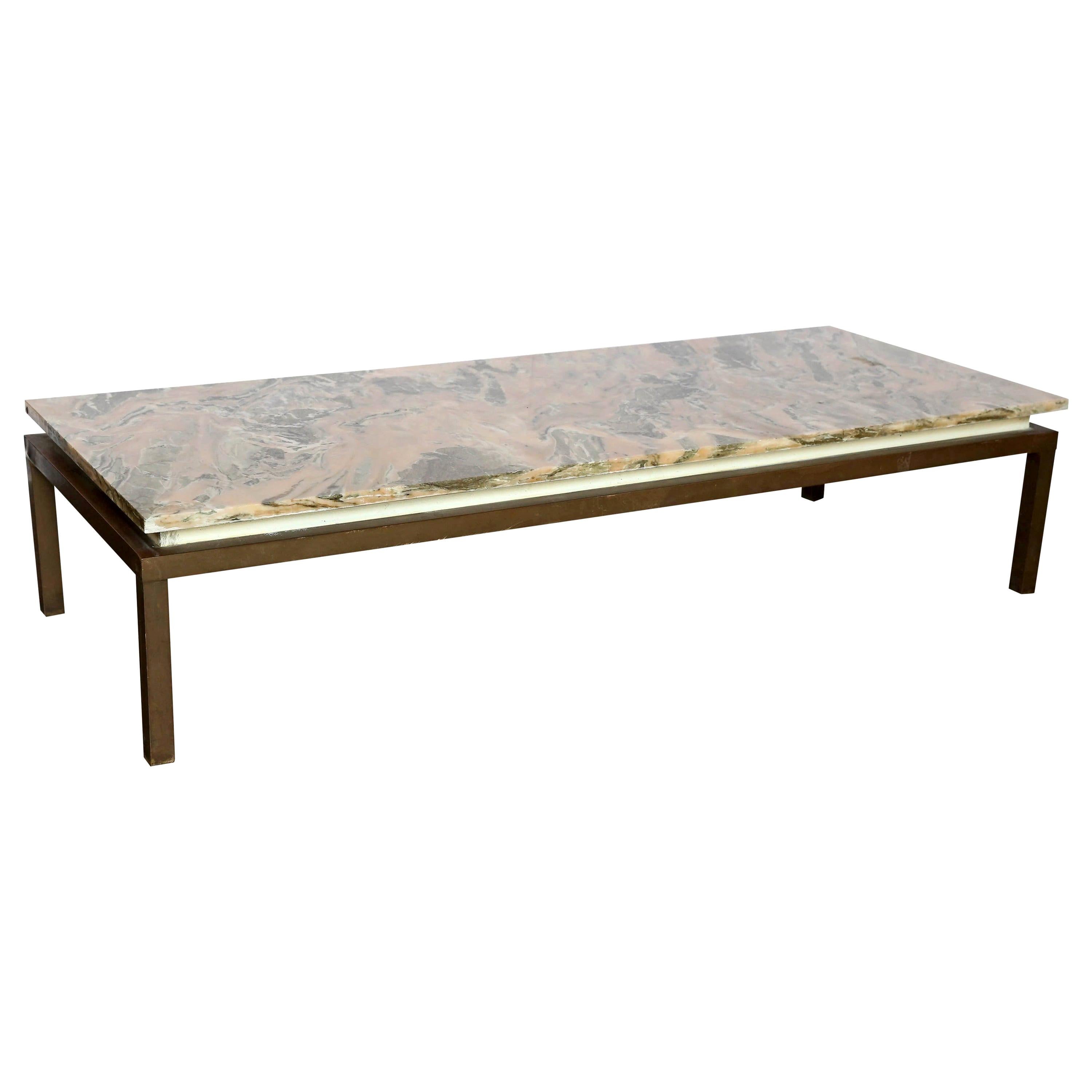 Black Pink Ivory & Gray Swirl Marble-Top with Bronze Base Cocktail /Coffee Table For Sale